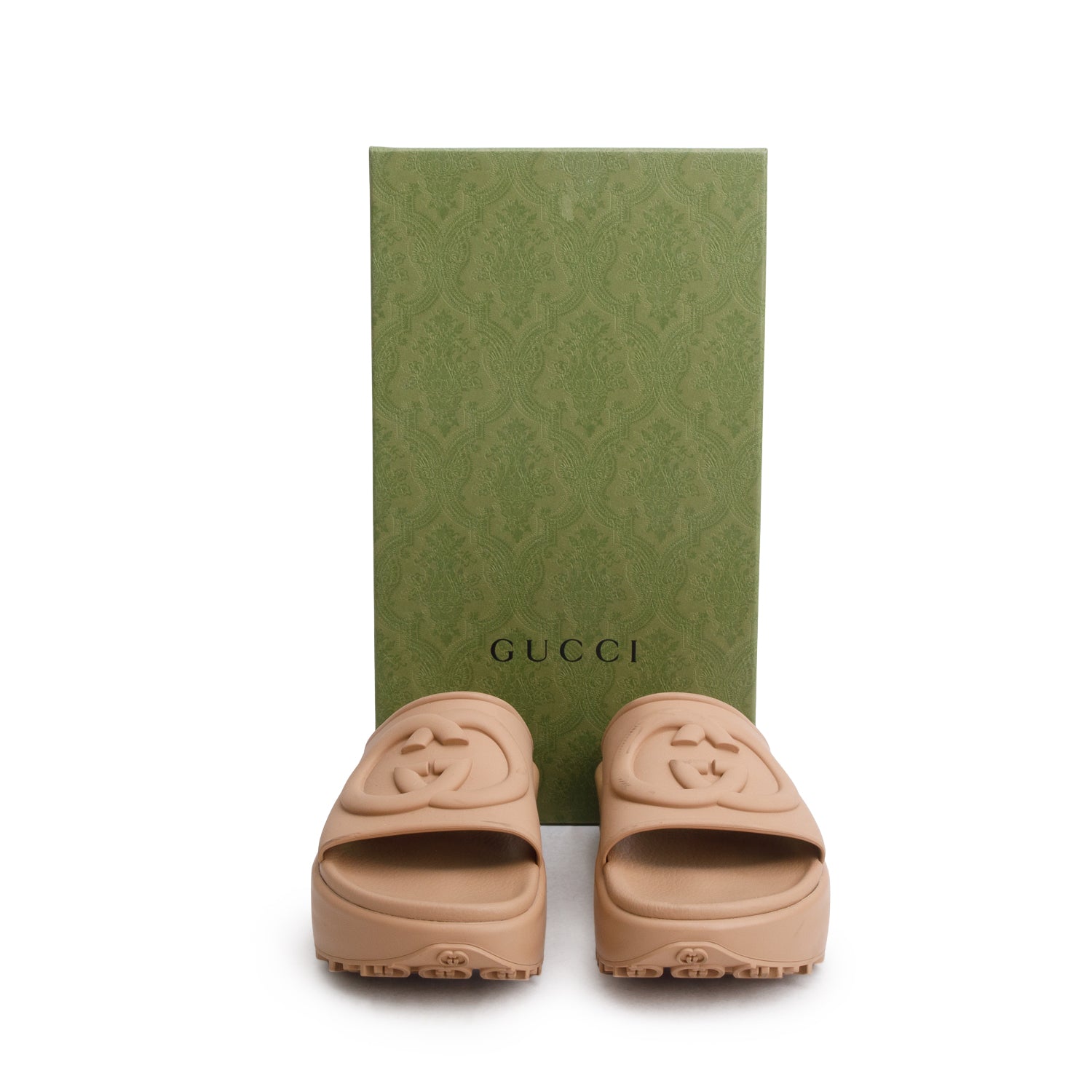 Gucci Brown Soft Rubber Interlocking G Platfrom 42mm Slide Sandals, Size 38 w/ Box