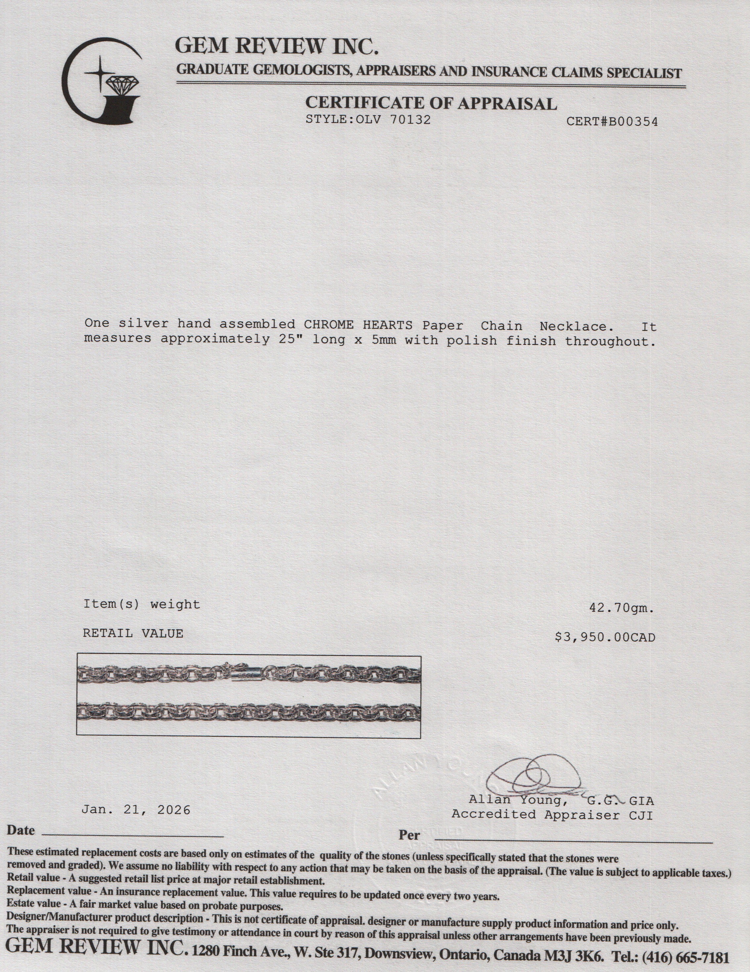 Chrome Hearts Sterling Silver Paper Chain Necklace w/ Box