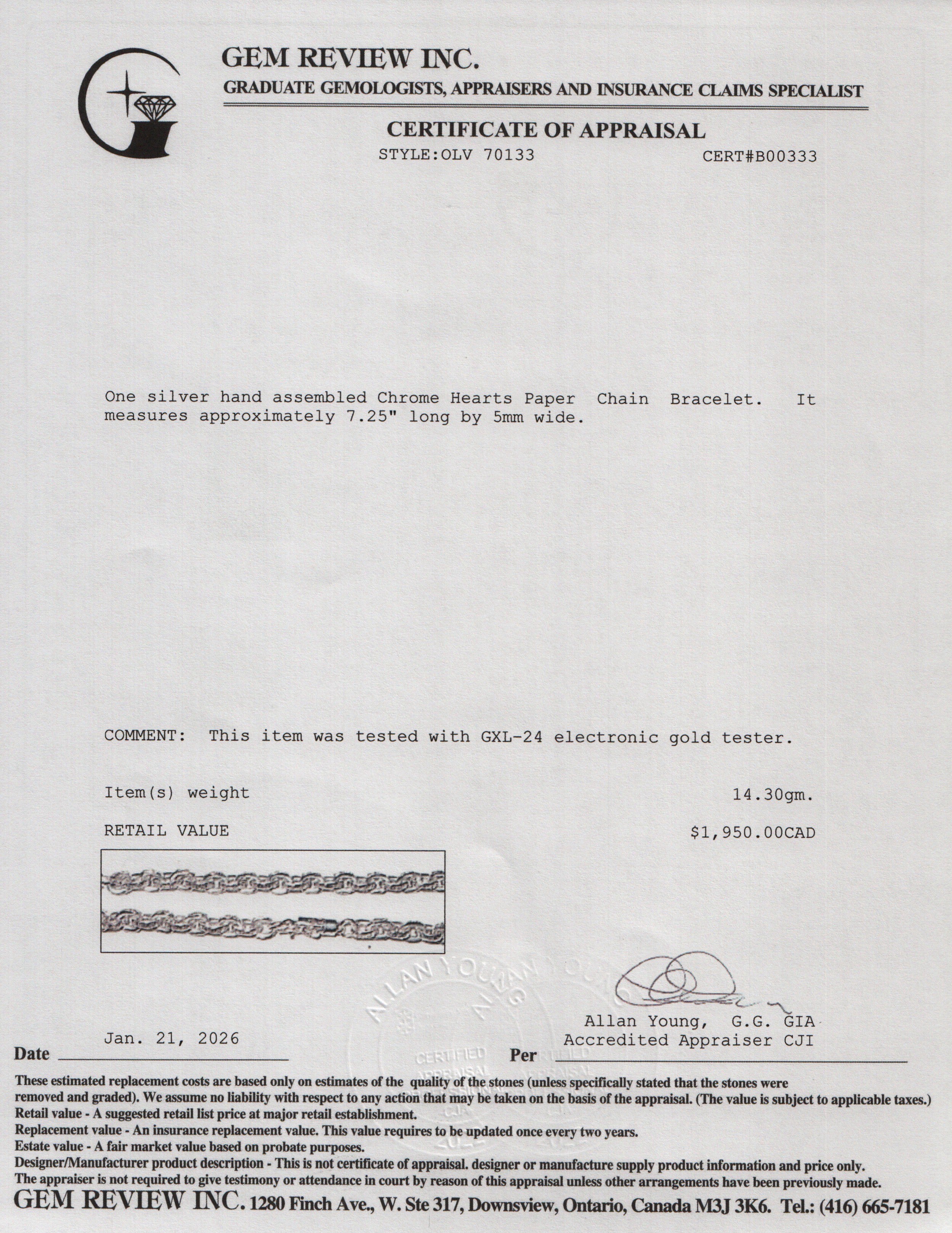 Chrome Hearts Sterling Silver Paper Chain Bracelet