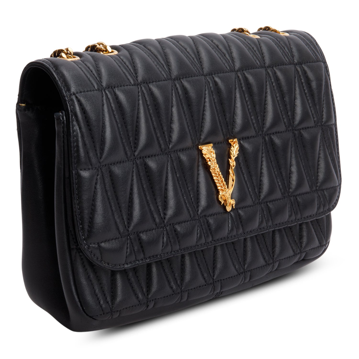 Versace Black Quilted Leather Virtus Shoulder Bag w/ Box