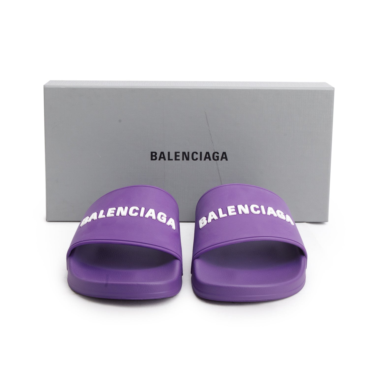Balenciaga Purple Rubber Printed Logo Pool Slide Sandals, Size 41 w/ Box