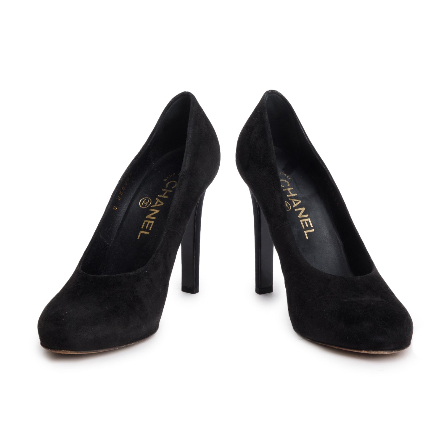Chanel Black Suede Interlocking CC Heels, Size 36.5