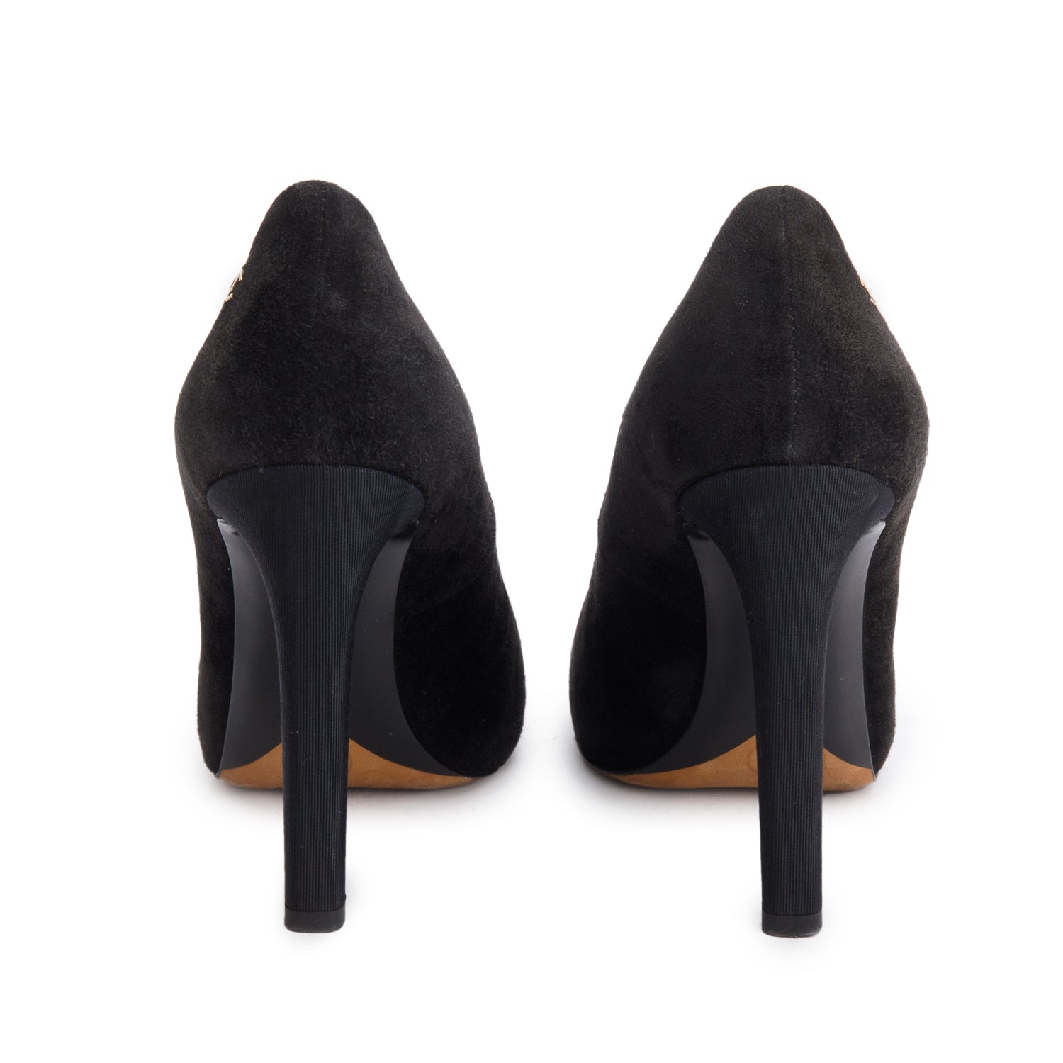 Chanel Black Suede Interlocking CC Heels, Size 36.5