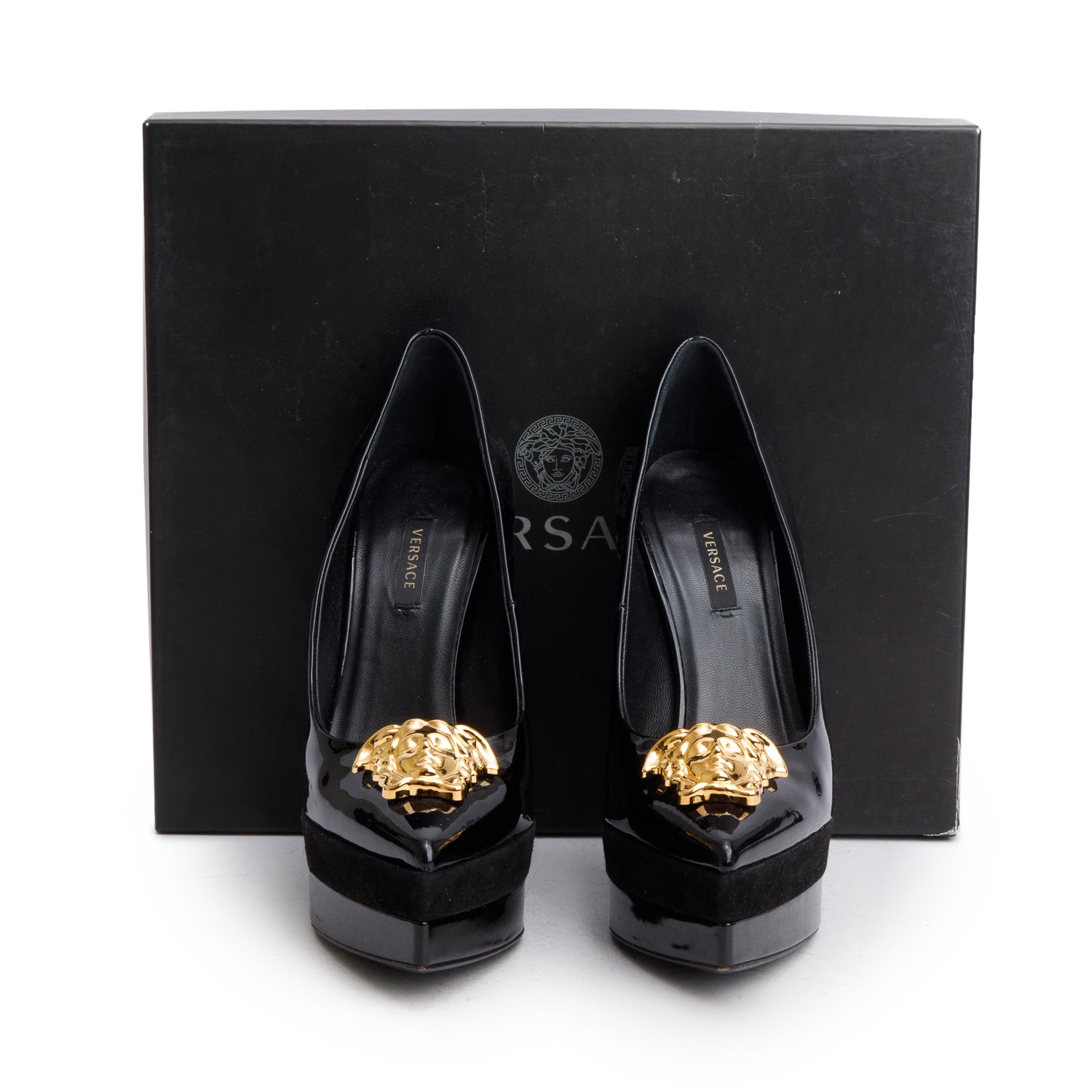 Versace Black Leather/Suede Medusa Insignia Double Platform Pumps, Size 38 w/ Box