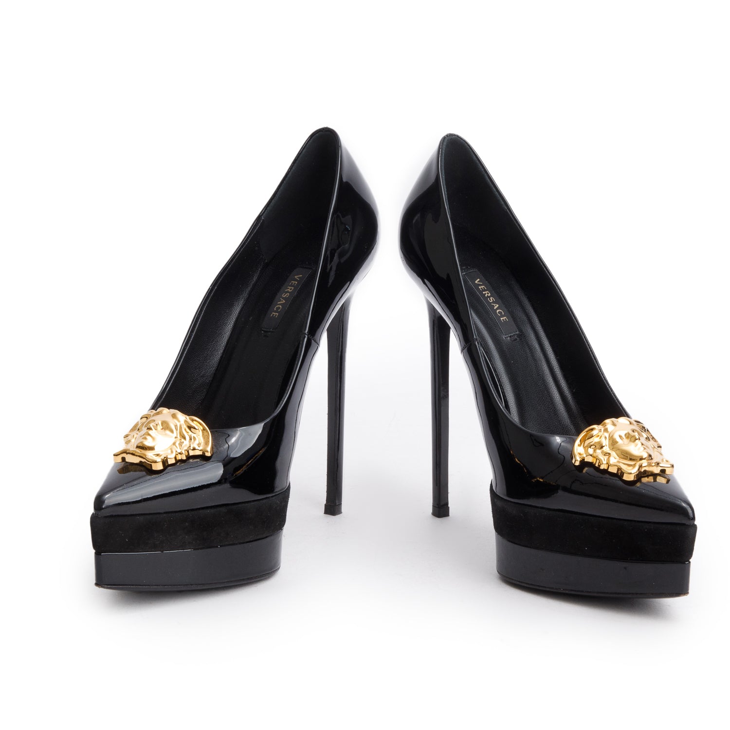 Versace Black Leather/Suede Medusa Insignia Double Platform Pumps, Size 38 w/ Box
