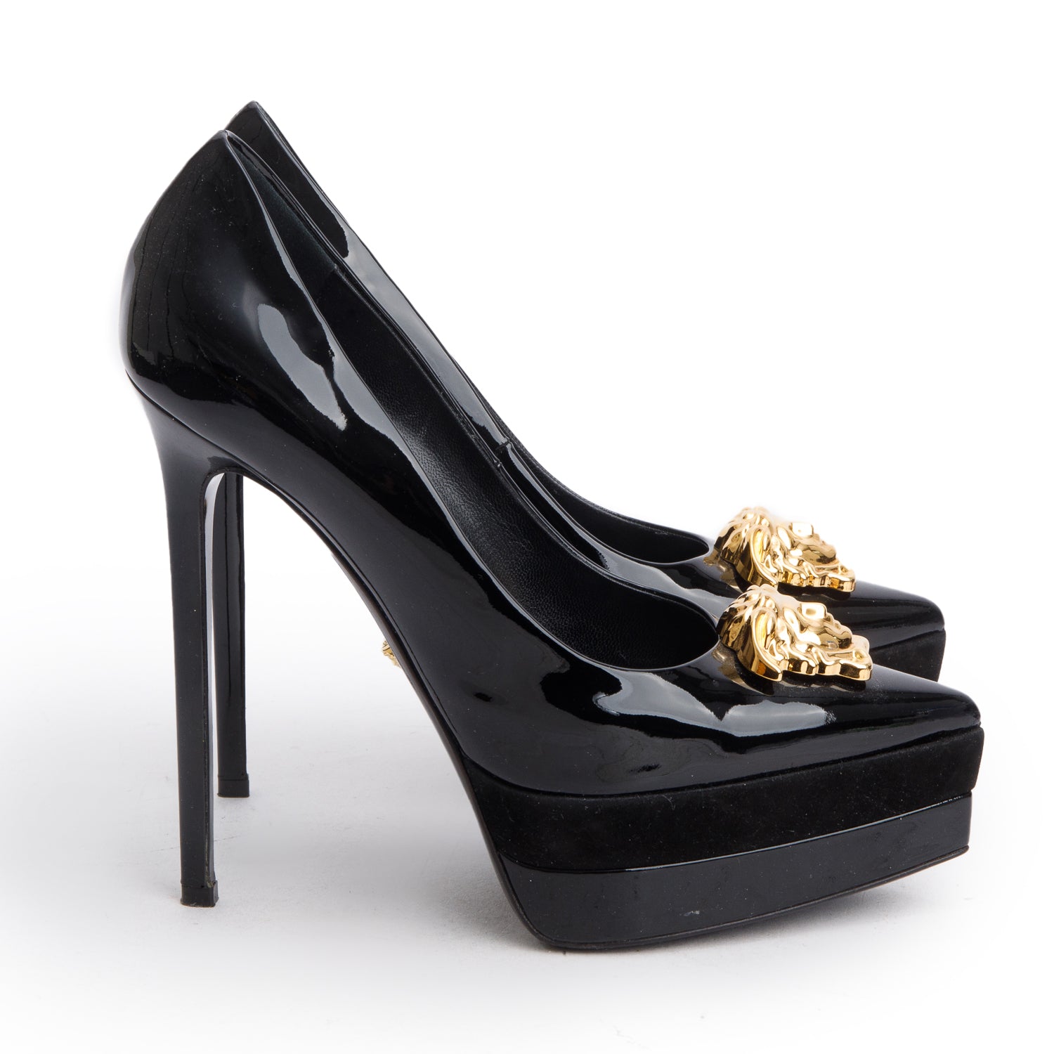 Versace Black Leather/Suede Medusa Insignia Double Platform Pumps, Size 38 w/ Box