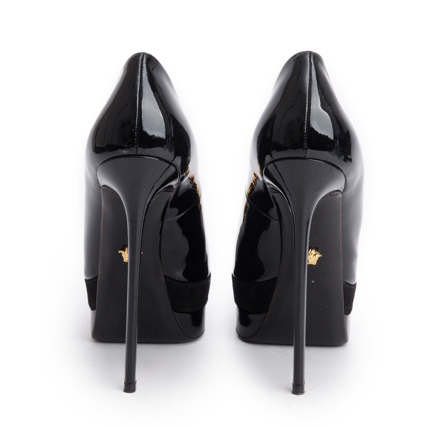 Versace Black Leather/Suede Medusa Insignia Double Platform Pumps, Size 38 w/ Box