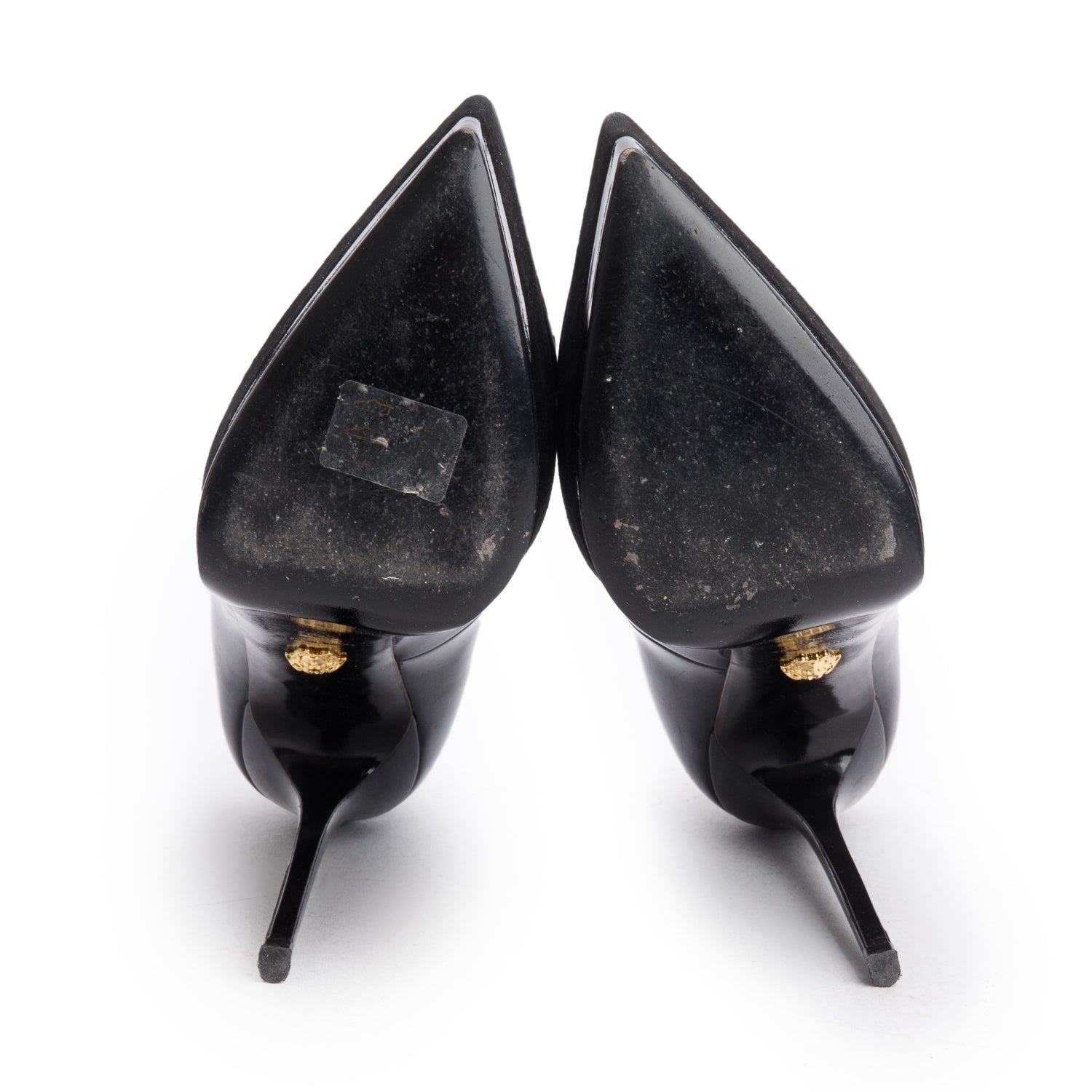 Versace Black Leather/Suede Medusa Insignia Double Platform Pumps, Size 38 w/ Box