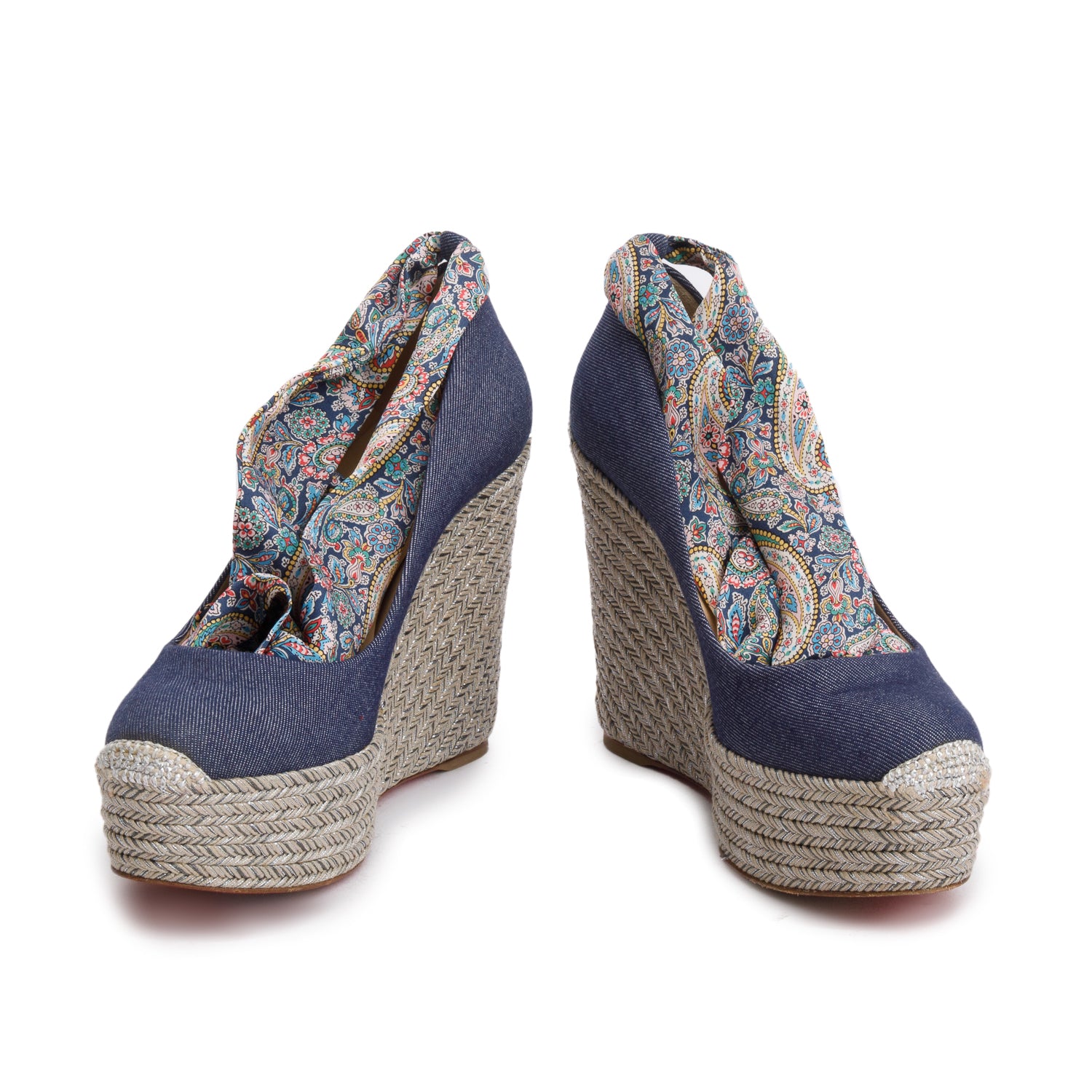 Christian Louboutin Blue Denim/Silver Barbaria Zeppa Espadrilles Wedges 120, Size 36