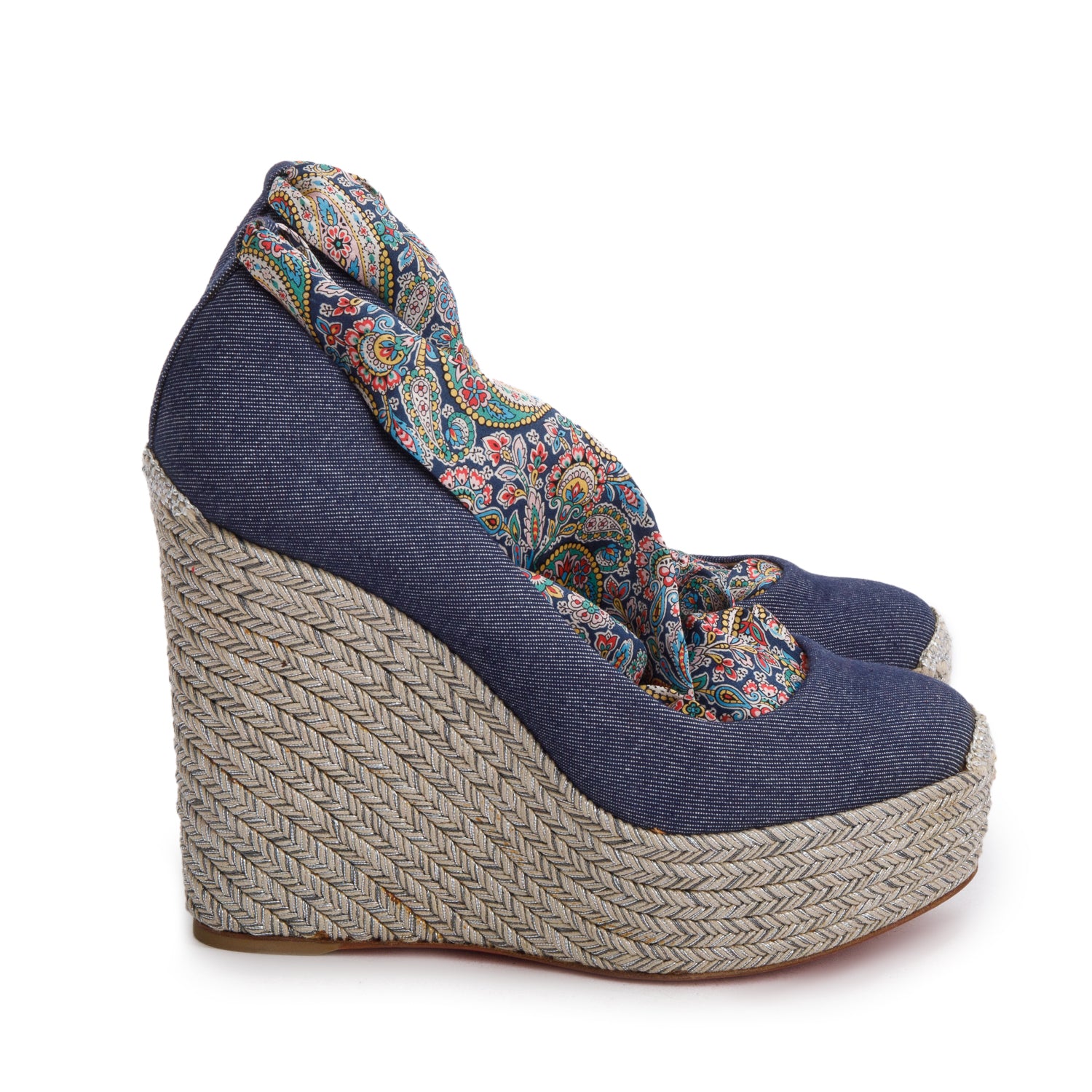 Christian Louboutin Blue Denim/Silver Barbaria Zeppa Espadrilles Wedges 120, Size 36