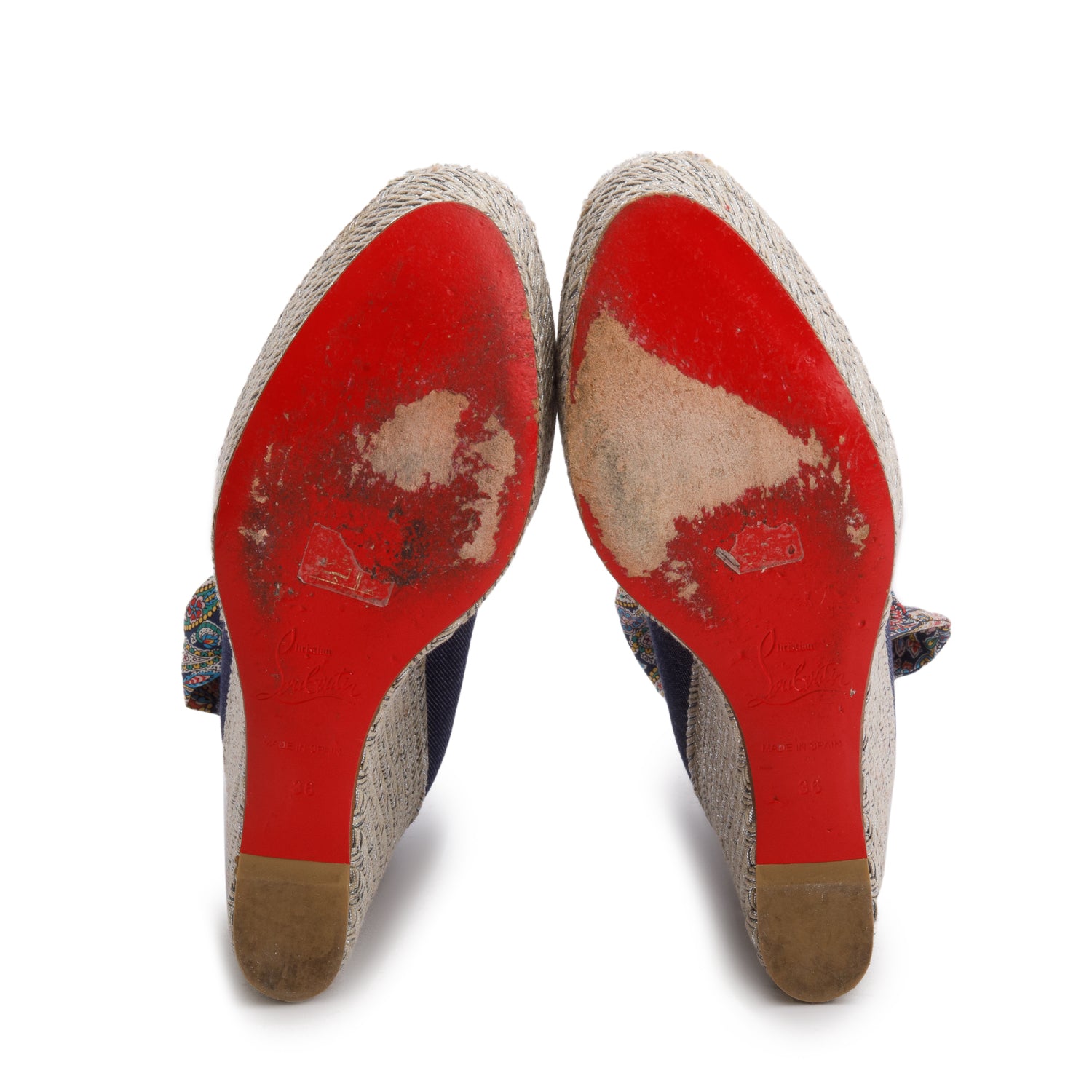 Christian Louboutin Blue Denim/Silver Barbaria Zeppa Espadrilles Wedges 120, Size 36