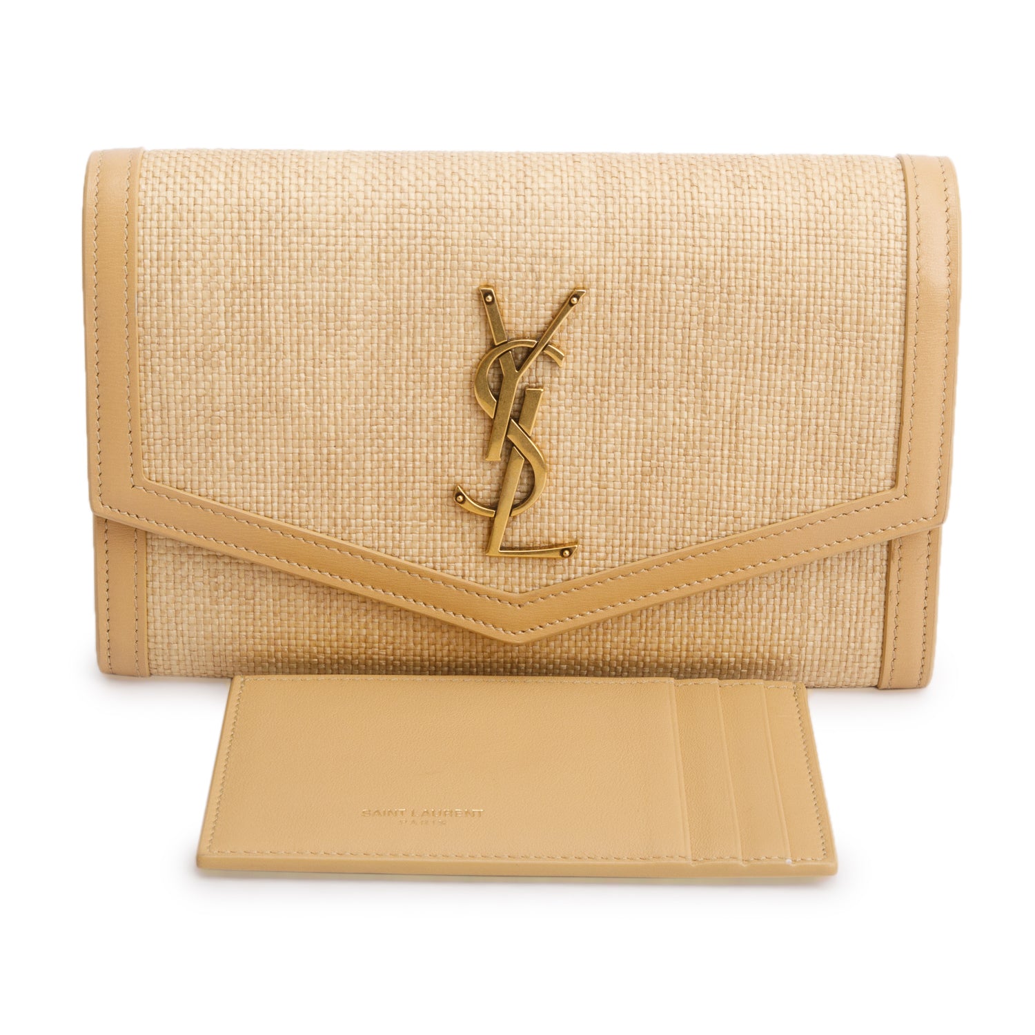 Saint Laurent 2021 Beige Raffia Uptown Chain Wallet w/ Box & Card Holder