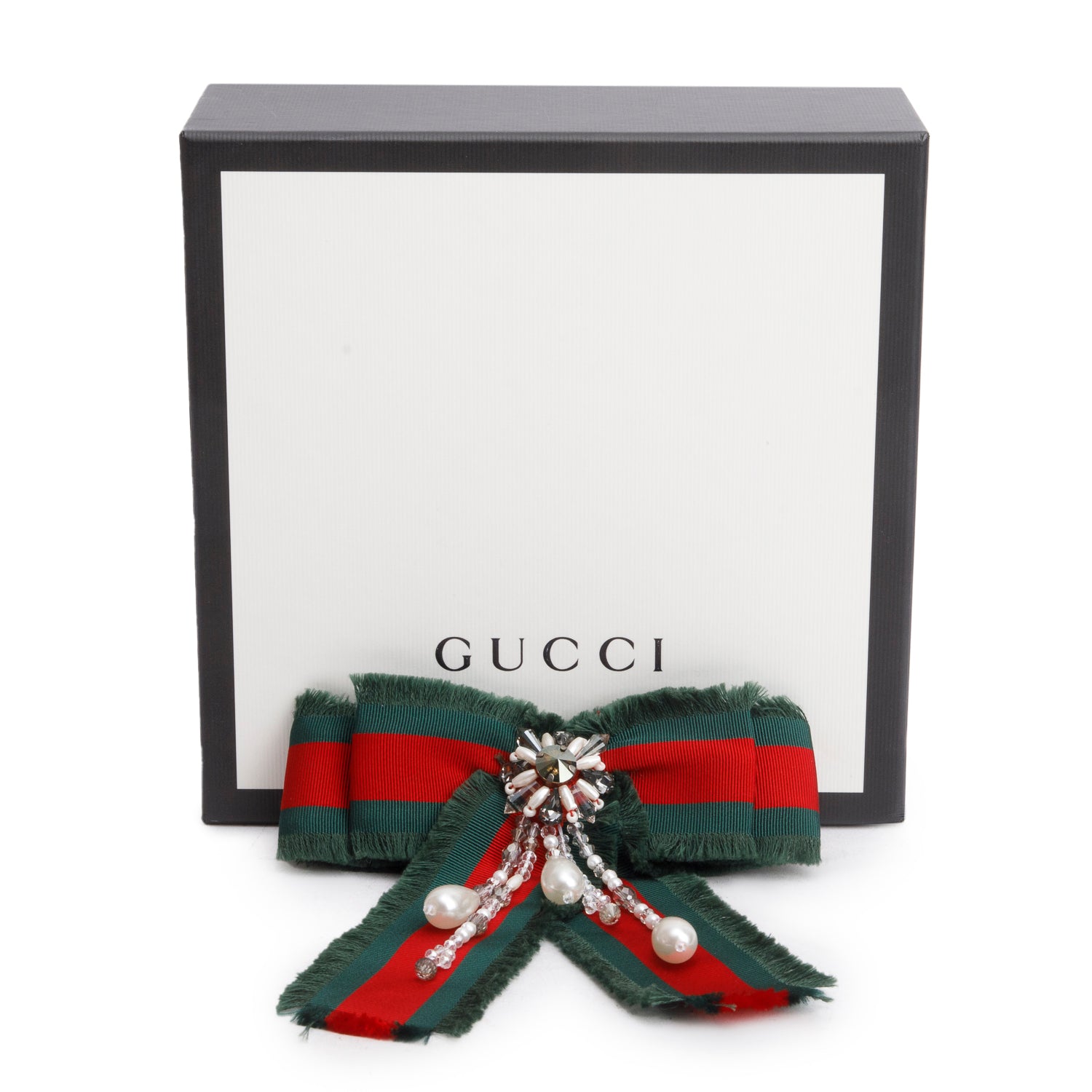 Gucci Red/Green Ribbon Web Crystal Bow Brooch w/ Box
