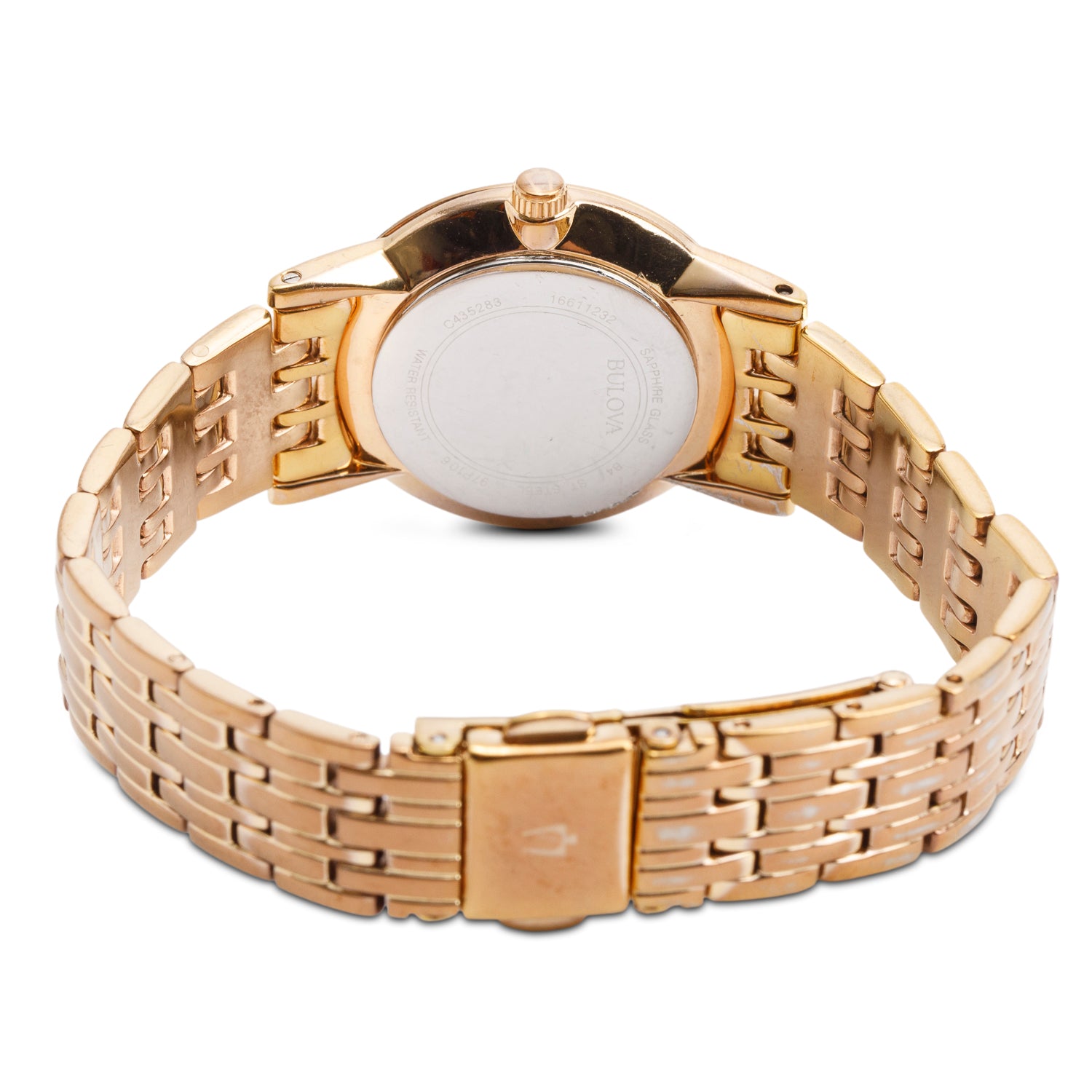 Bulova Rose-Gold Plated Stainless Steel 27 MM Ladies Quartz Watch Mother of Pearl Diamond Dial 97P106