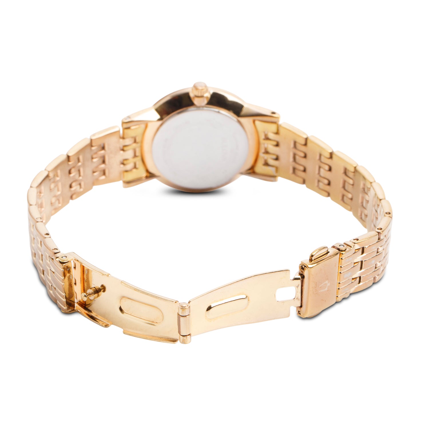 Bulova Rose-Gold Plated Stainless Steel 27 MM Ladies Quartz Watch Mother of Pearl Diamond Dial 97P106