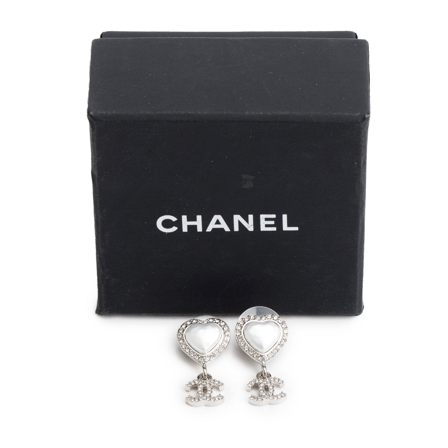 Chanel 2023 Palladium-Plated Faux Pearl & Strass CC Heart Drop Earrings w/ Box