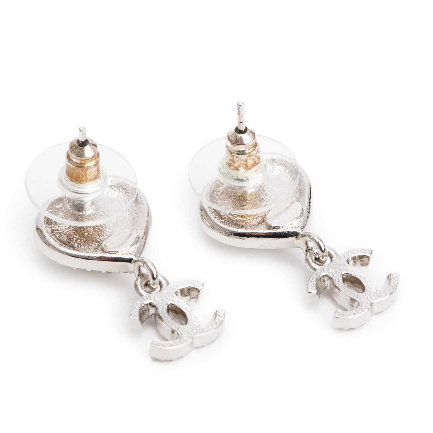 Chanel 2023 Palladium-Plated Faux Pearl & Strass CC Heart Drop Earrings w/ Box