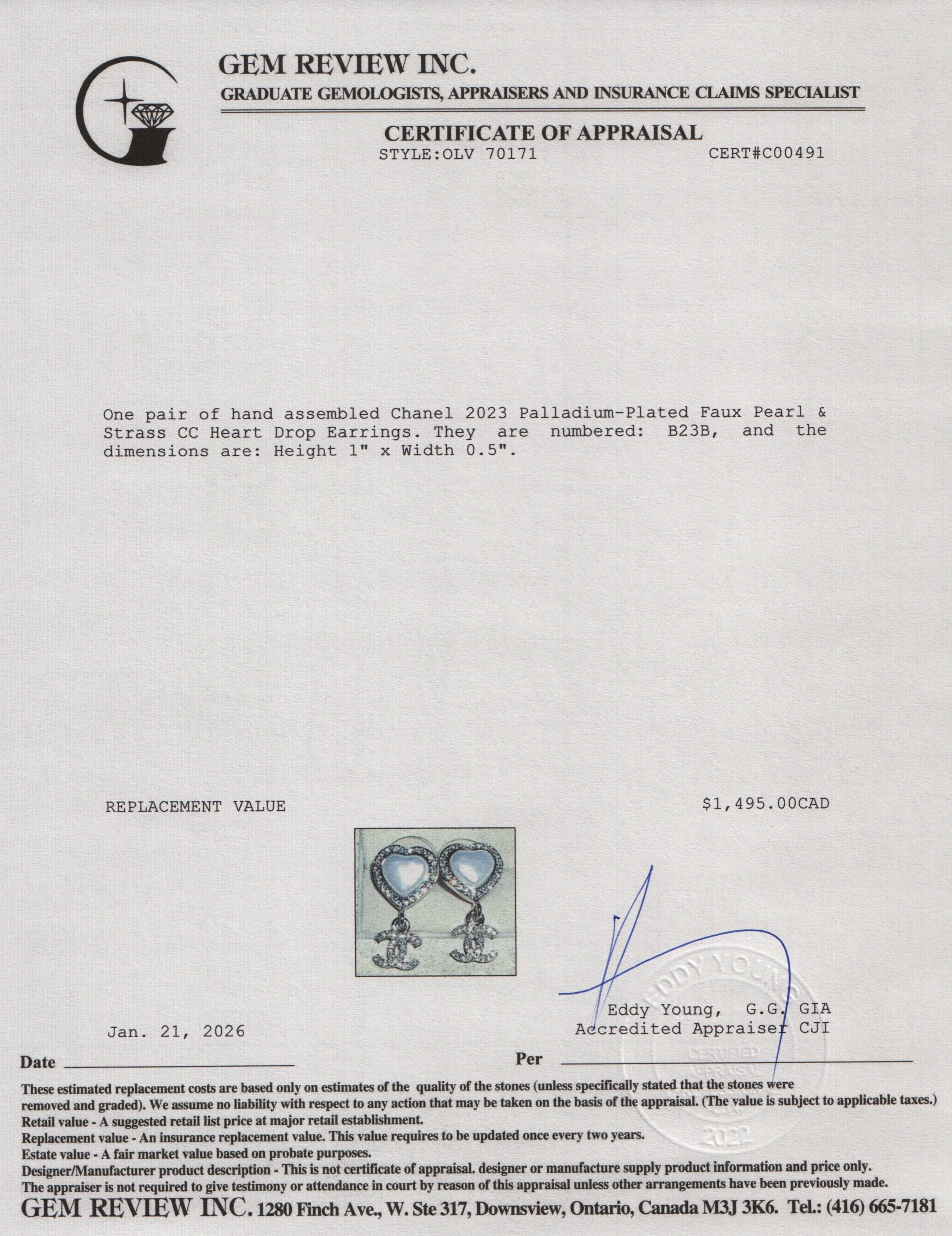 Chanel 2023 Palladium-Plated Faux Pearl & Strass CC Heart Drop Earrings w/ Box