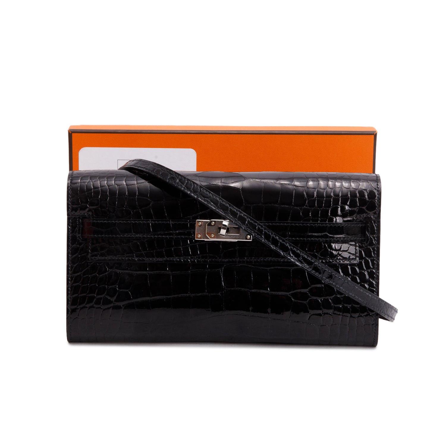 Hermes 2025 Noir Shiny Alligator Kelly Wallet To Go w/ Strap & Box