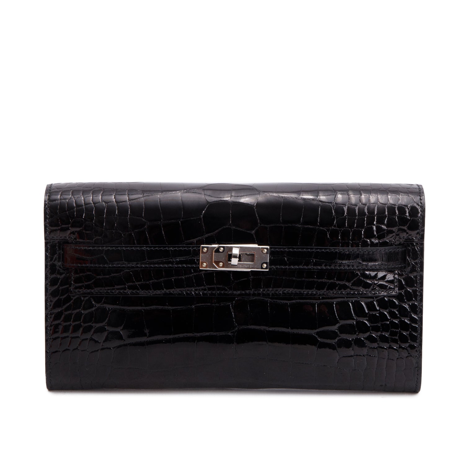 Hermes 2025 Noir Shiny Alligator Kelly Wallet To Go w/ Strap & Box