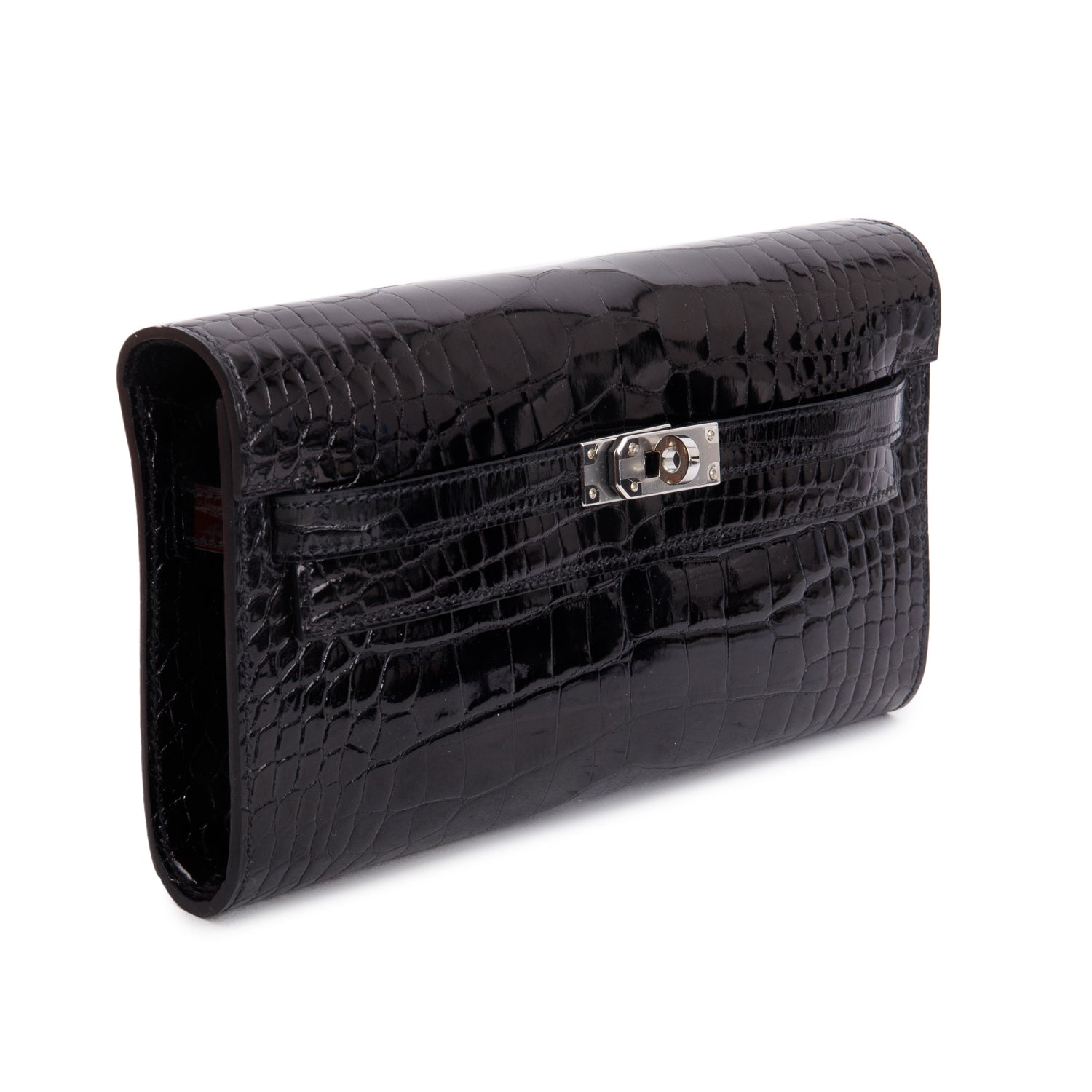 Hermes 2025 Noir Shiny Alligator Kelly Wallet To Go w/ Strap & Box