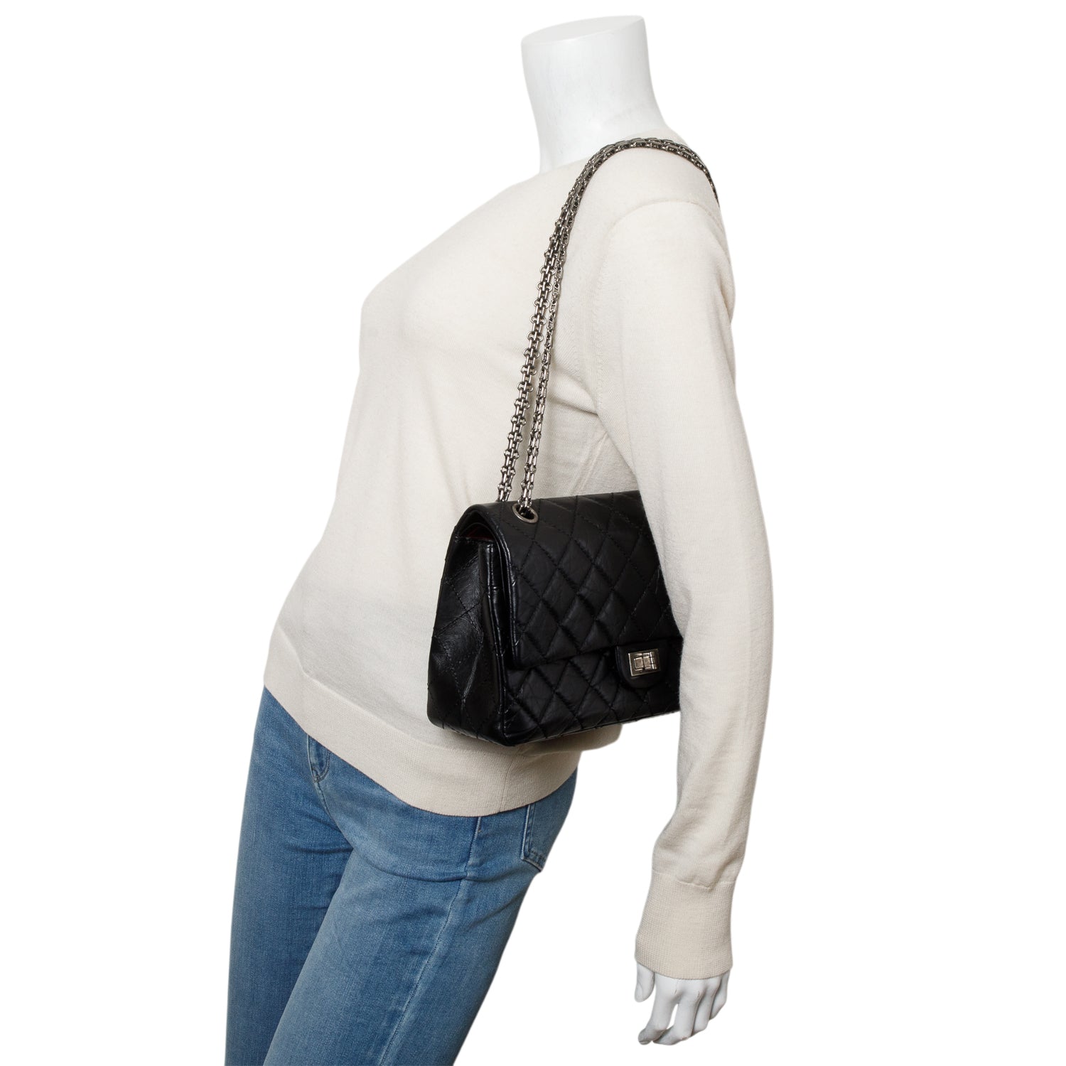 Chanel Black Aged Calfskin Leather 2.55 Reissue 226 Double Flap Bag w/ Box & Authenticity Card