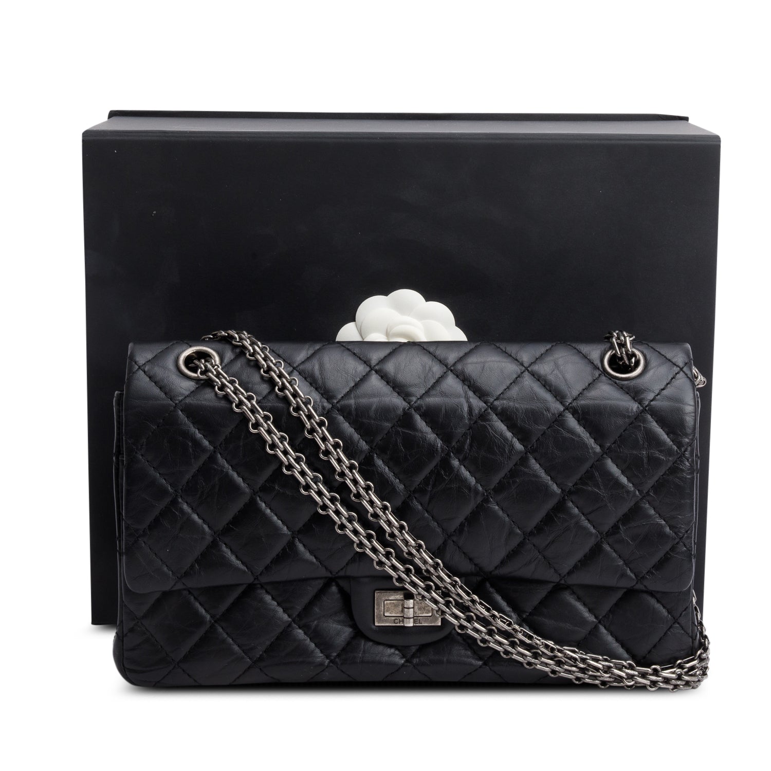 Chanel Black Aged Calfskin Leather 2.55 Reissue 226 Double Flap Bag w/ Box & Authenticity Card