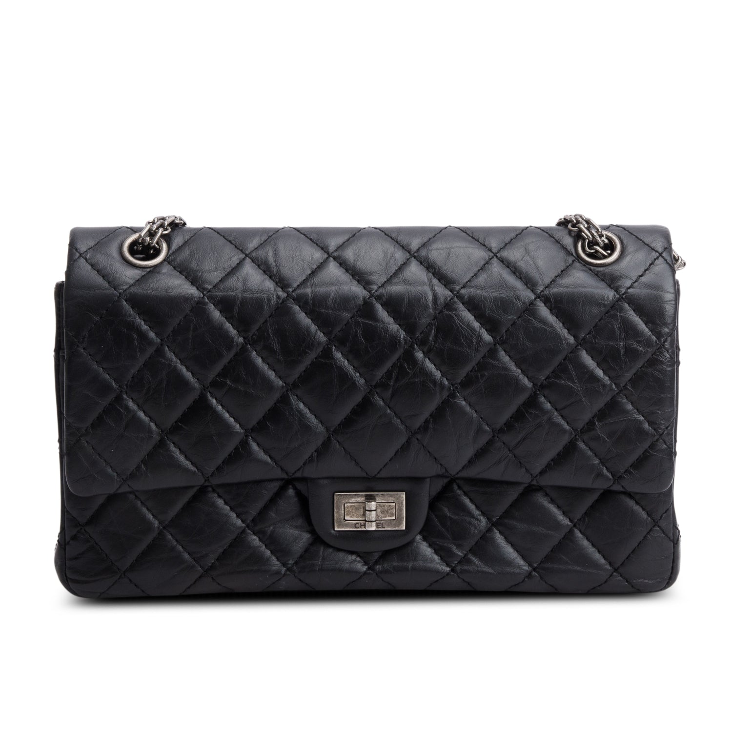 Chanel Black Aged Calfskin Leather 2.55 Reissue 226 Double Flap Bag w/ Box & Authenticity Card