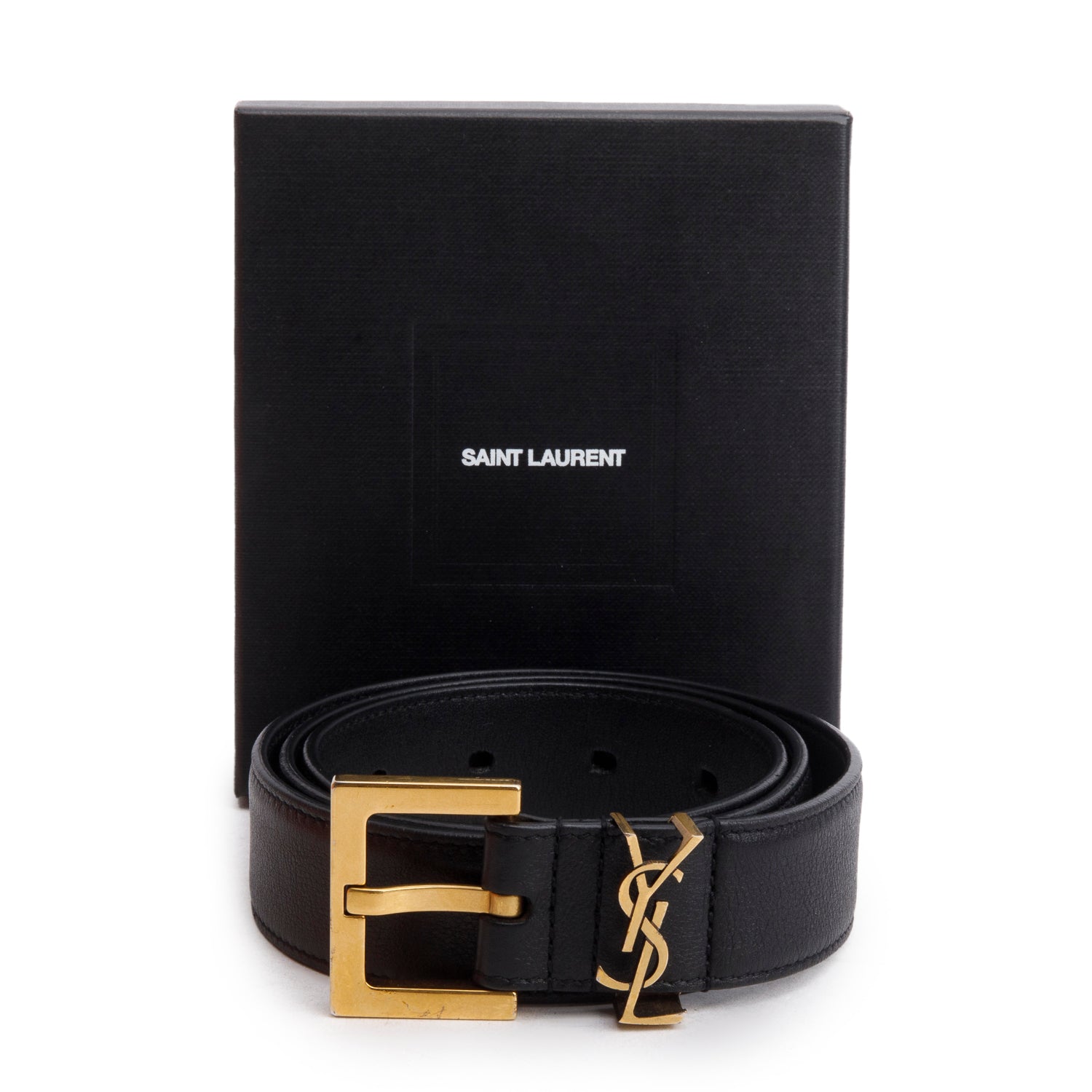 Saint Laurent Black Smooth Calfskin Cassandre Monogram Square Buckle Belt, 80 w/ Box