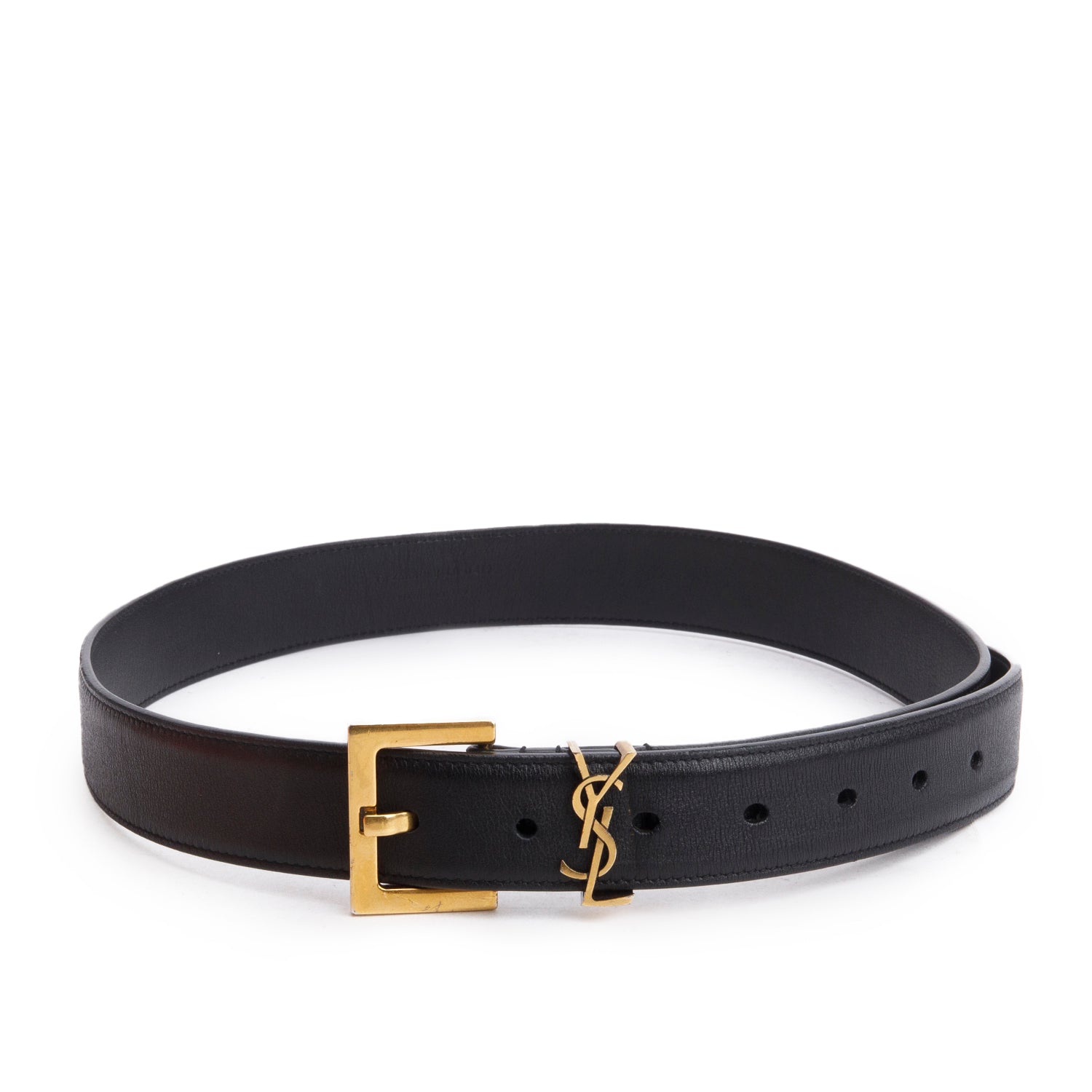 Saint Laurent Black Smooth Calfskin Cassandre Monogram Square Buckle Belt, 80 w/ Box