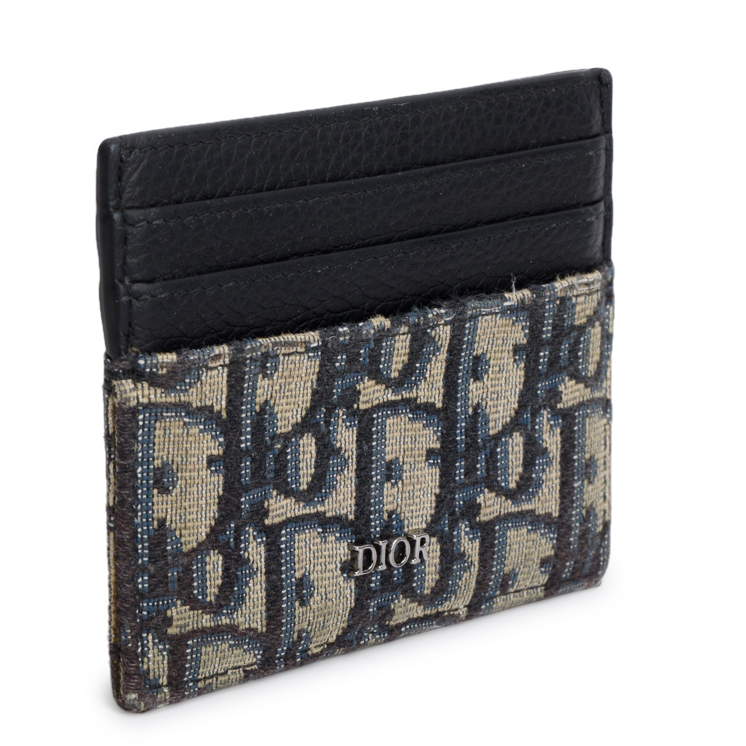 Christian Dior 2022 Blue Oblique Jacquard and Black Grained Calfskin Card Holder