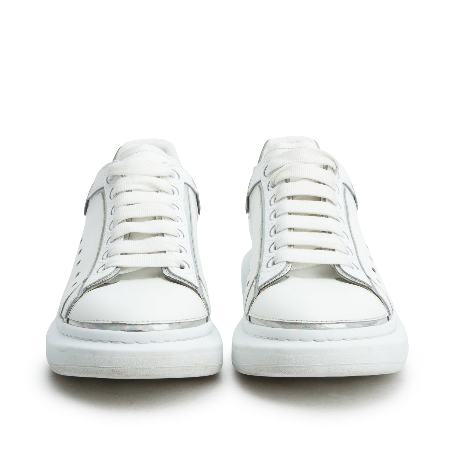 Alexander McQueen White Calfskin Leather Hologram Trim Oversized Sneakers, Men's Size 45