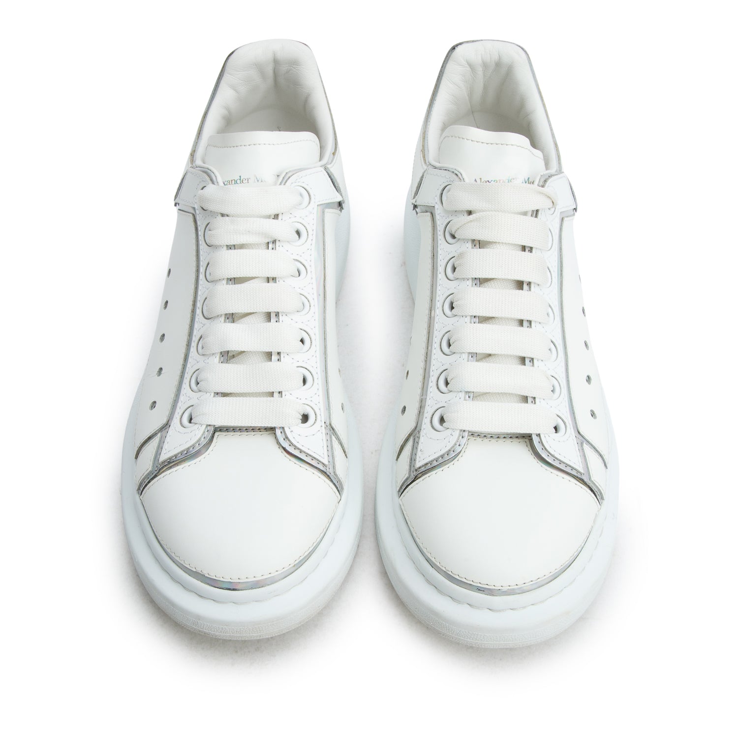 Alexander McQueen White Calfskin Leather Hologram Trim Oversized Sneakers, Men's Size 45