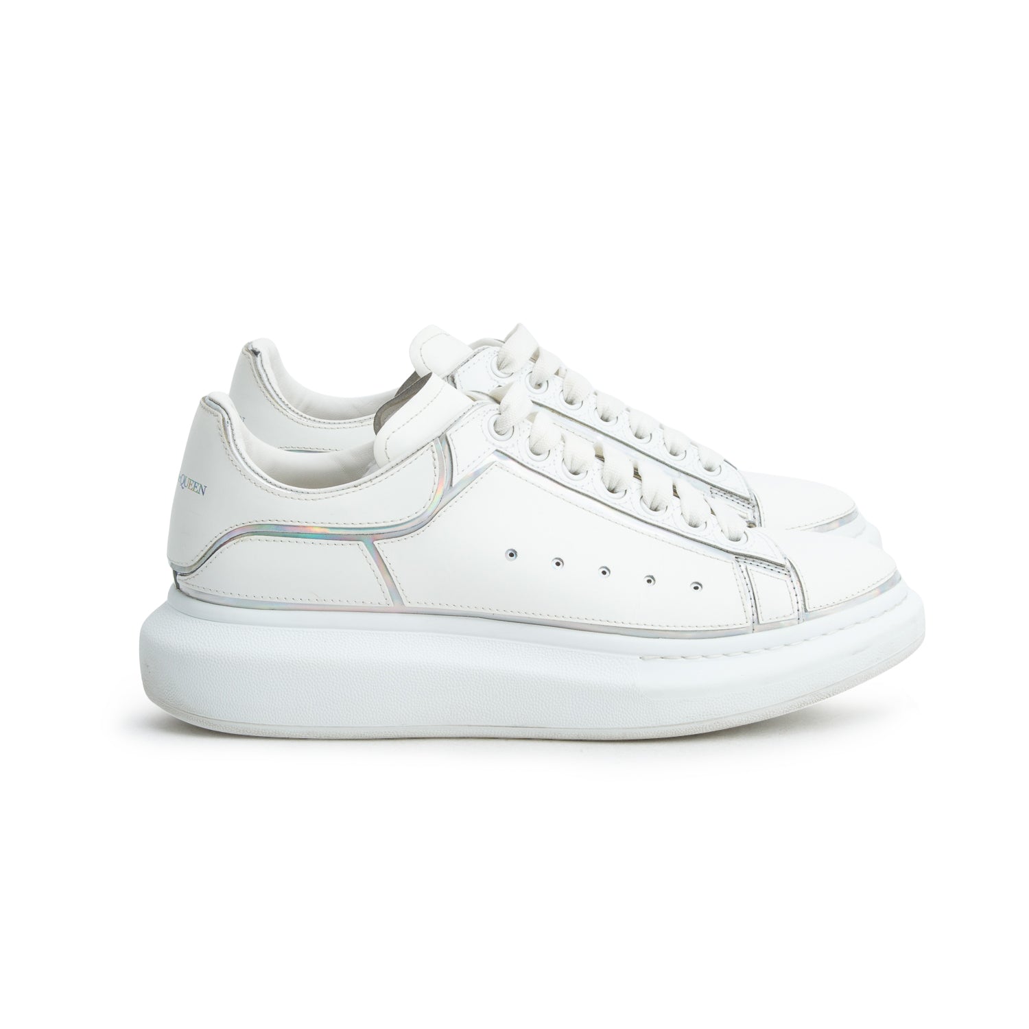 Alexander McQueen White Calfskin Leather Hologram Trim Oversized Sneakers, Men's Size 45
