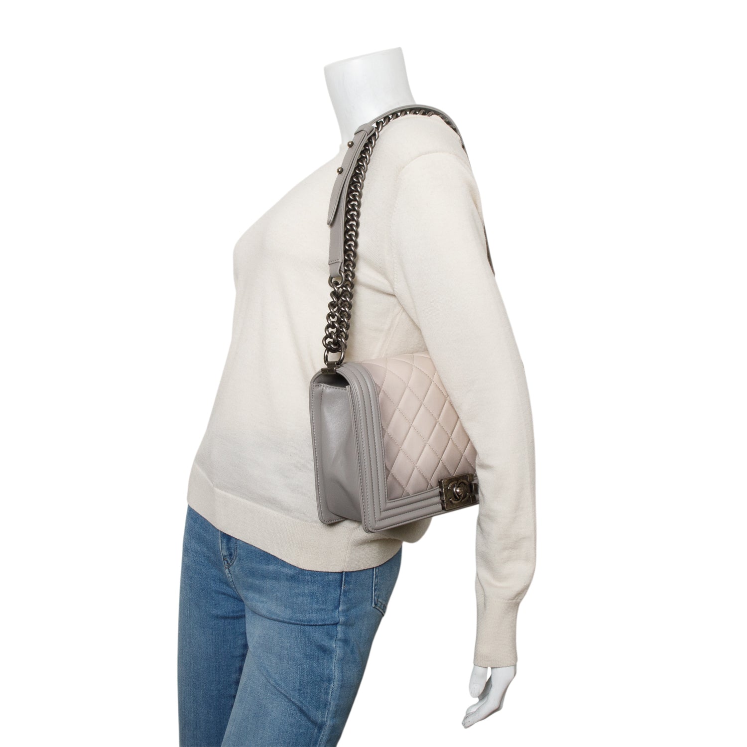 Chanel Grey Ombre Quilted Lambskin Leather Large Boy Bag w/ Authenticity Card