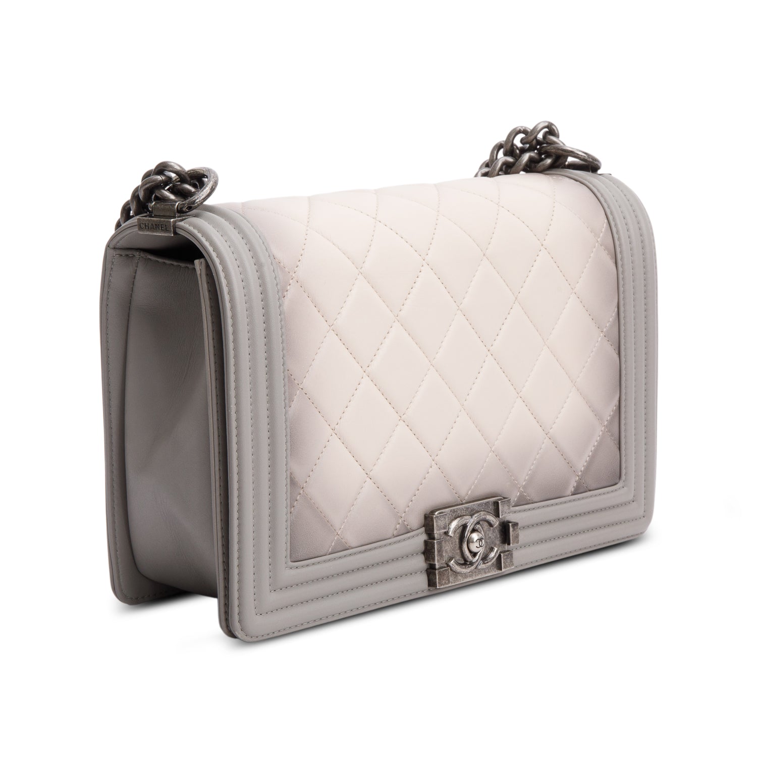 Chanel Grey Ombre Quilted Lambskin Leather Large Boy Bag w/ Authenticity Card