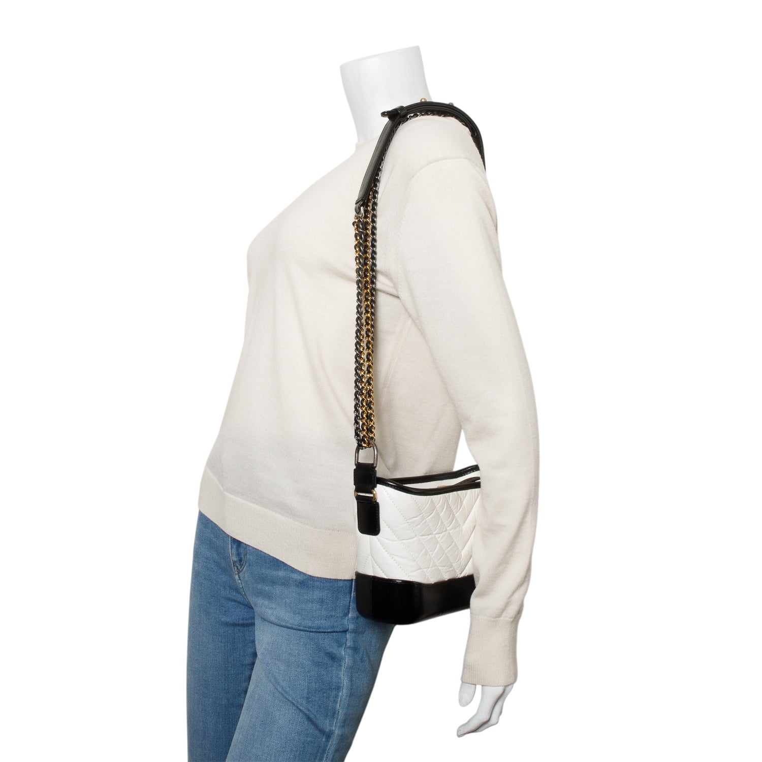 Chanel Black & White Aged Calfskin Leather Chevron Quilted Small Gabrielle Hobo w/ Authenticity Card