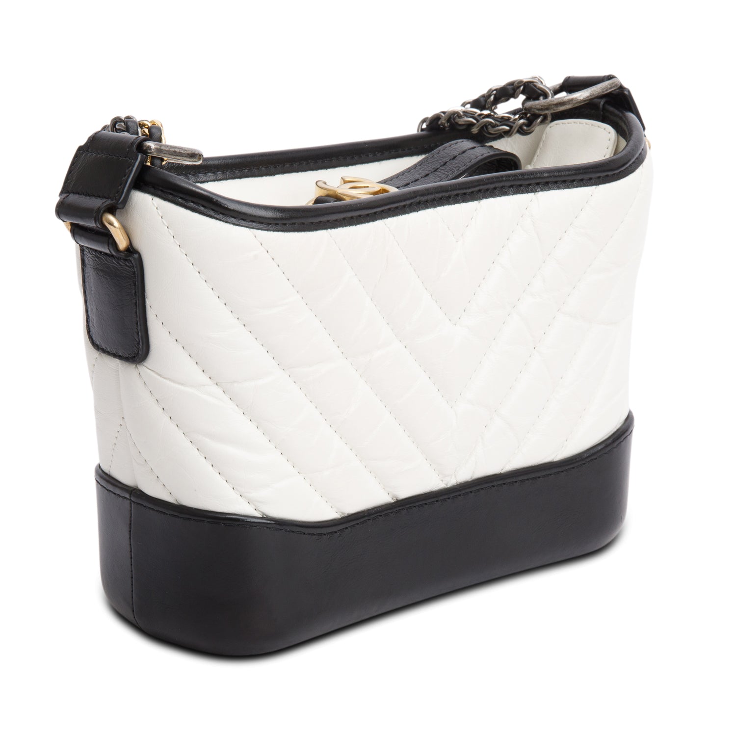 Chanel Black & White Aged Calfskin Leather Chevron Quilted Small Gabrielle Hobo w/ Authenticity Card