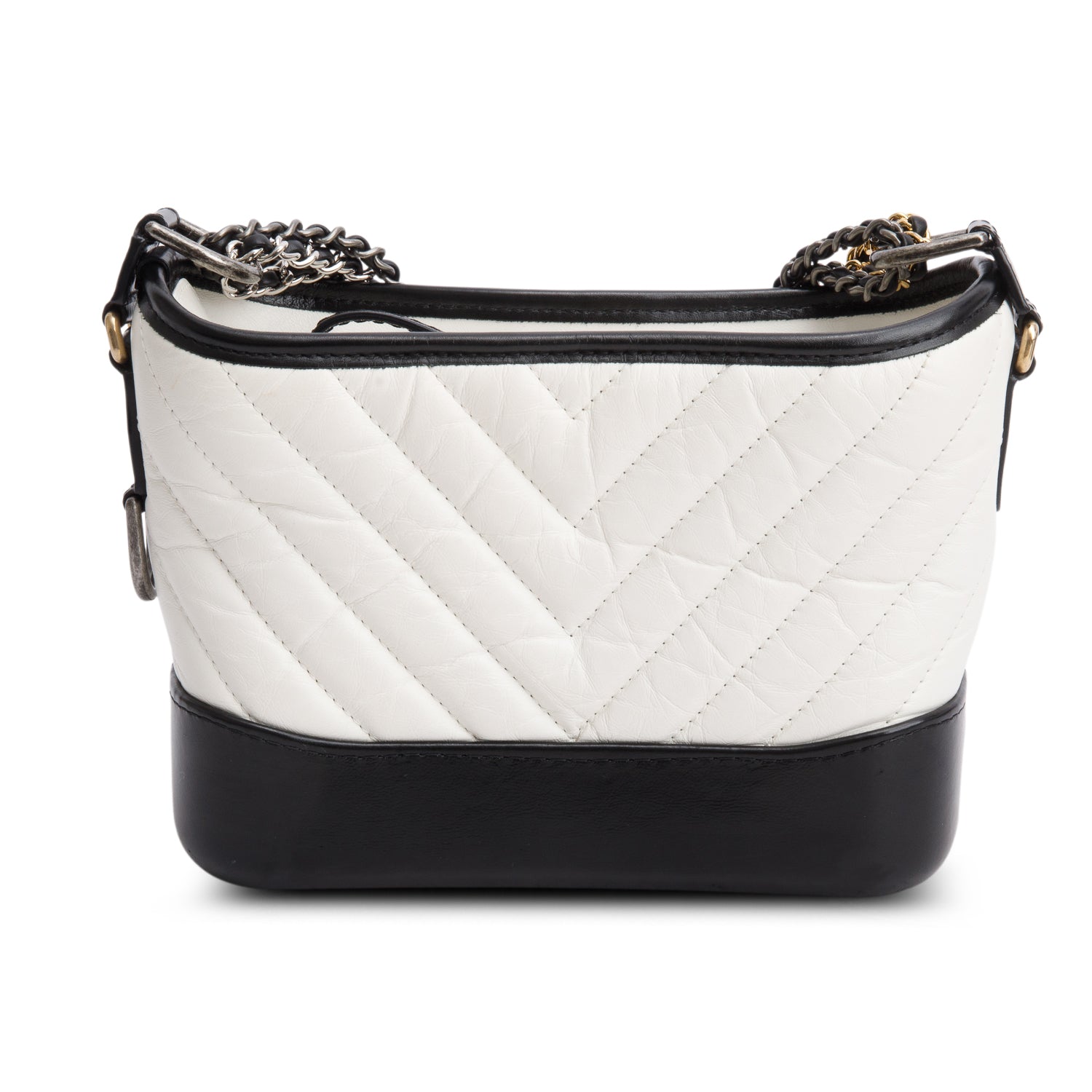 Chanel Black & White Aged Calfskin Leather Chevron Quilted Small Gabrielle Hobo w/ Authenticity Card