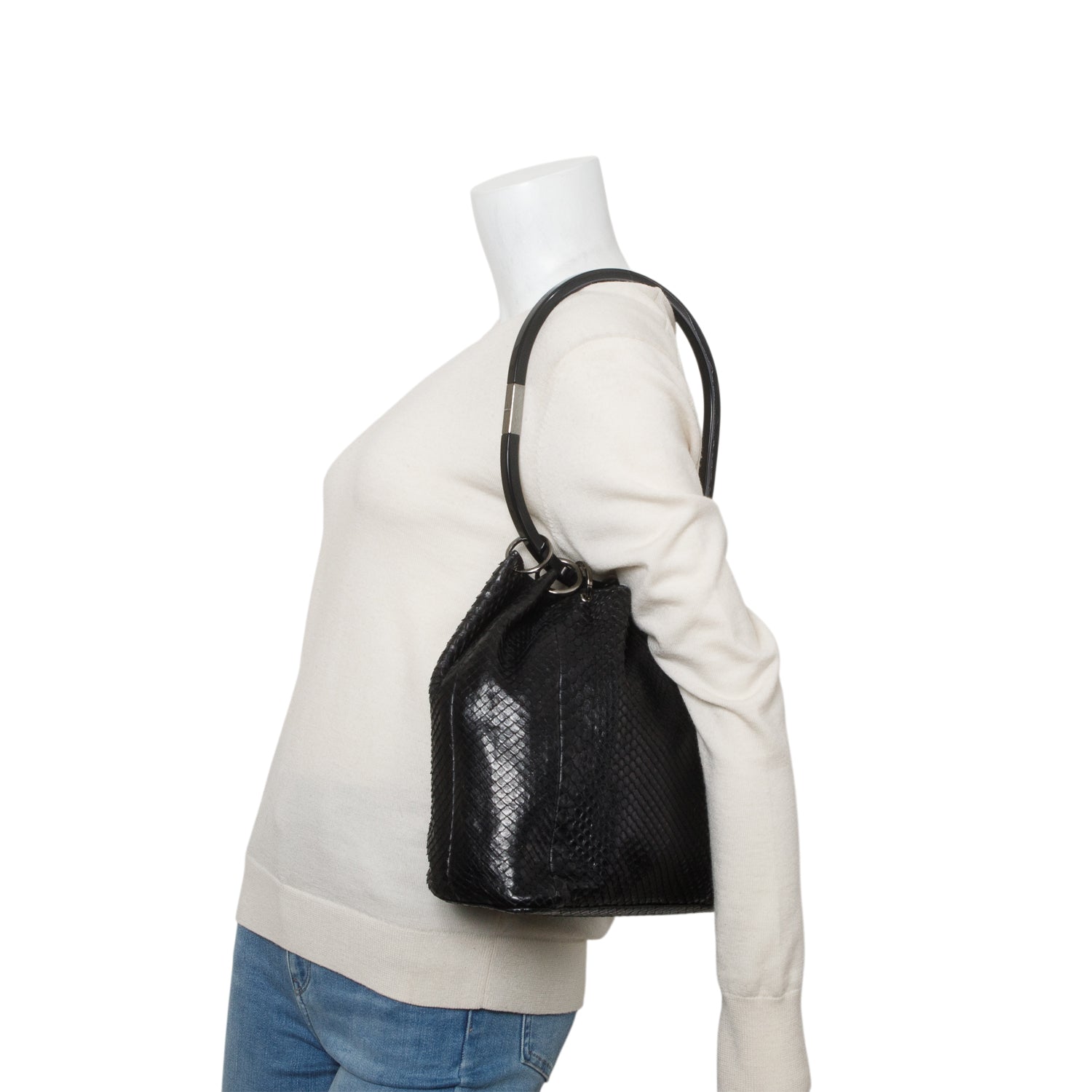 Gucci Vintage Black Python Ring Bucket Bag