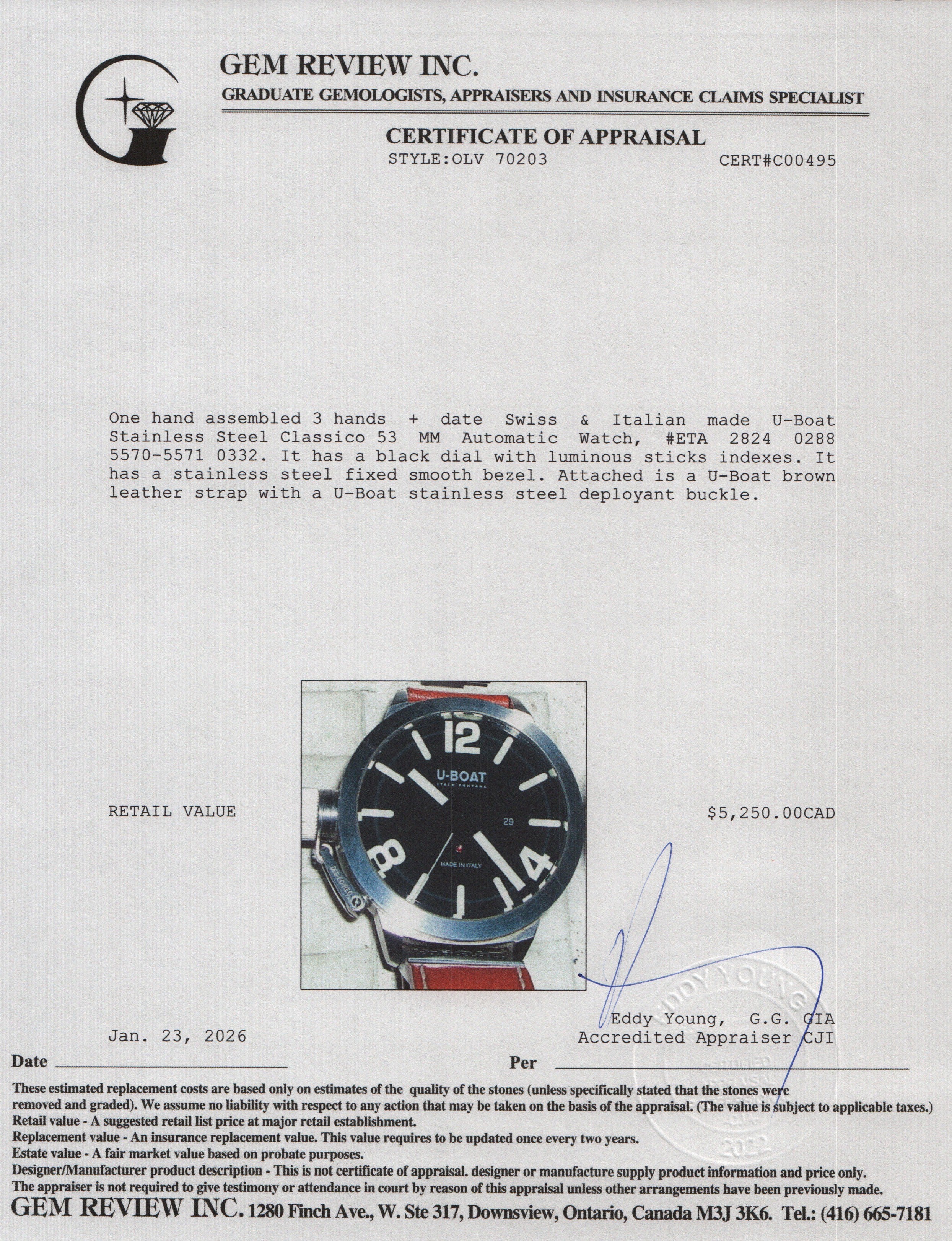 U-Boat Stainless Steel Classico 53 MM Automatic Watch w/ Box & Papers