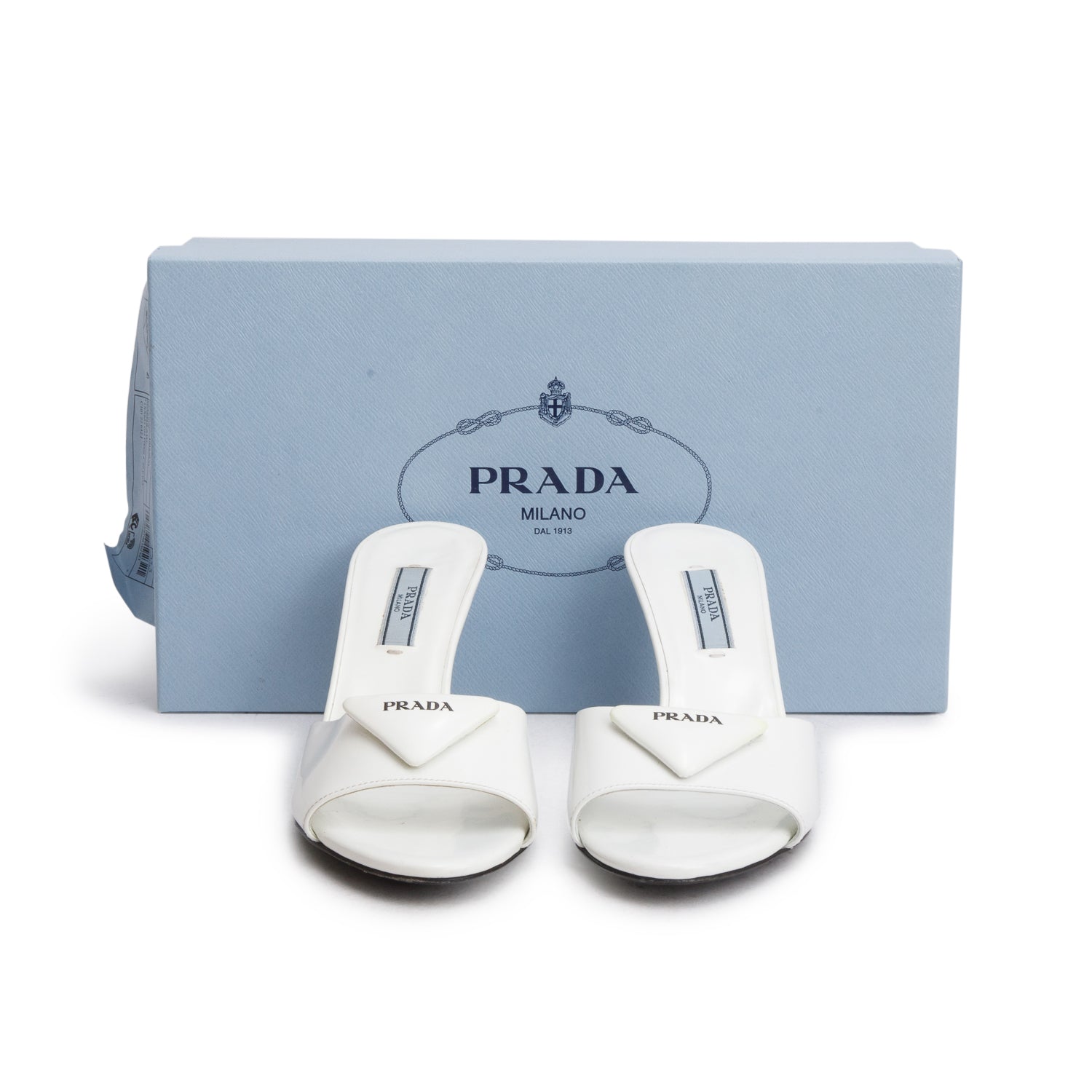 Prada White Spazzolato Triangle Logo Slide Heeled Sandals, Size 35.5 w/ Box