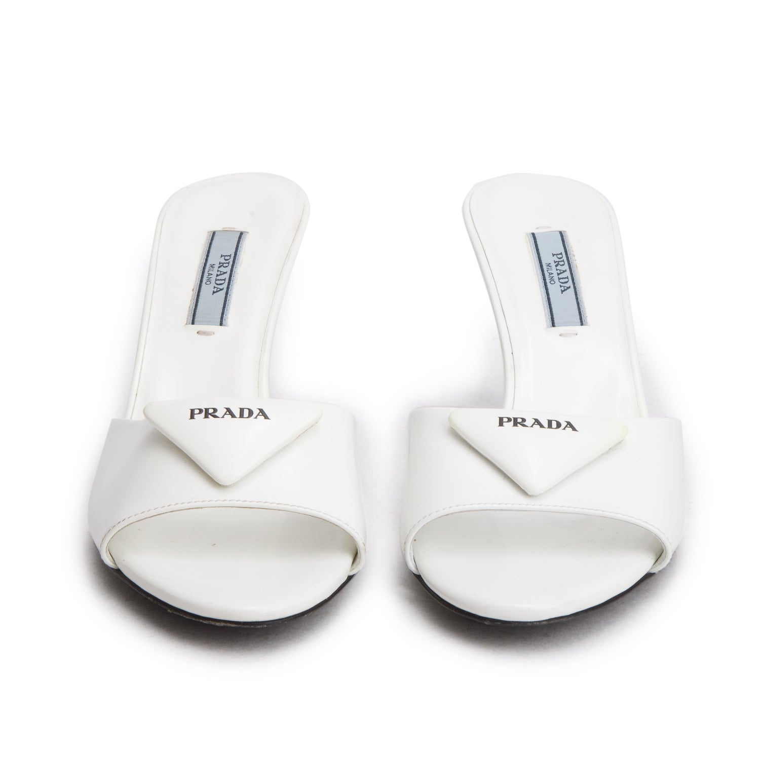 Prada White Spazzolato Triangle Logo Slide Heeled Sandals, Size 35.5 w/ Box
