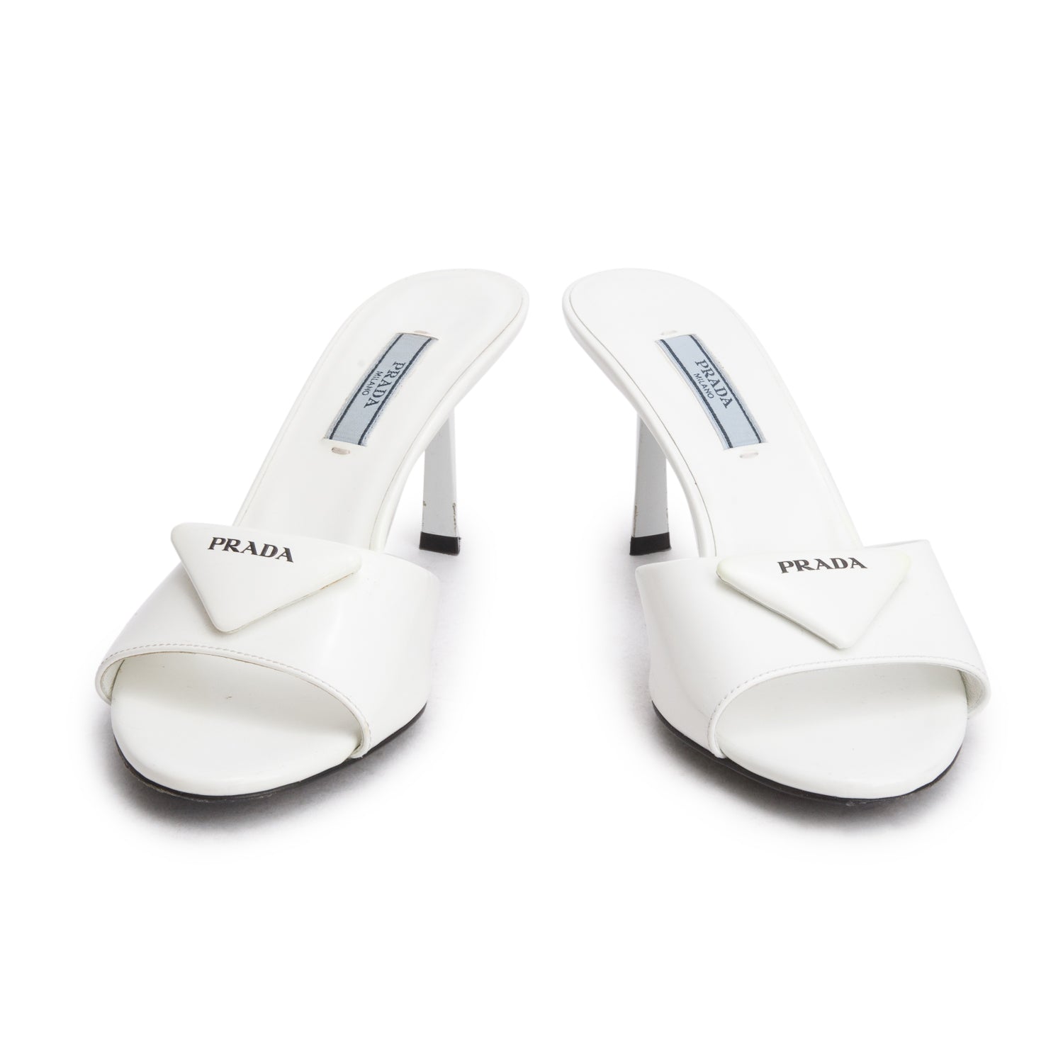 Prada White Spazzolato Triangle Logo Slide Heeled Sandals, Size 35.5 w/ Box
