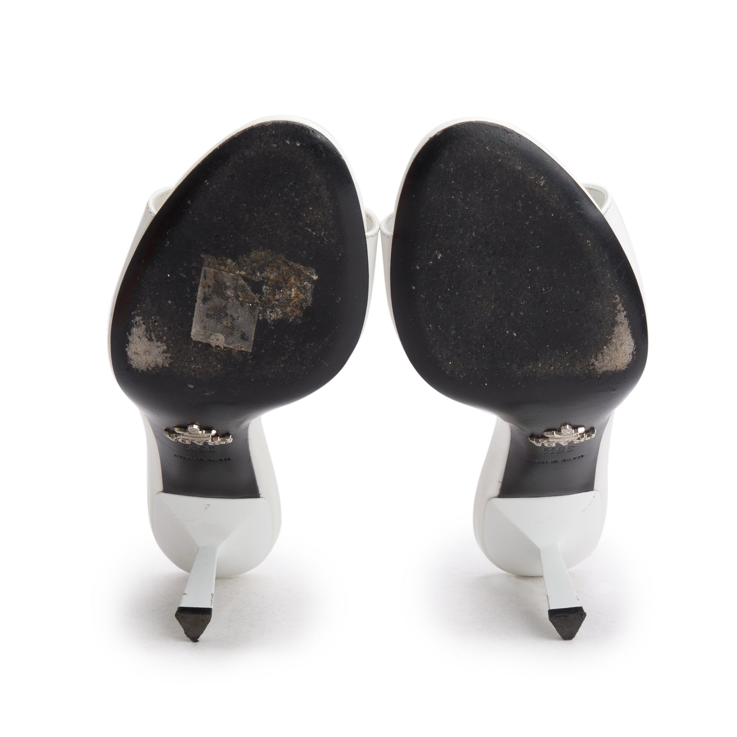 Prada White Spazzolato Triangle Logo Slide Heeled Sandals, Size 35.5 w/ Box