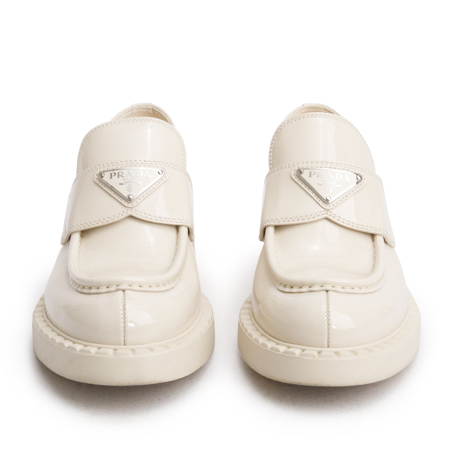 Prada White Vernice Leather Signature Logo Loafers, Size 37 w/ Box
