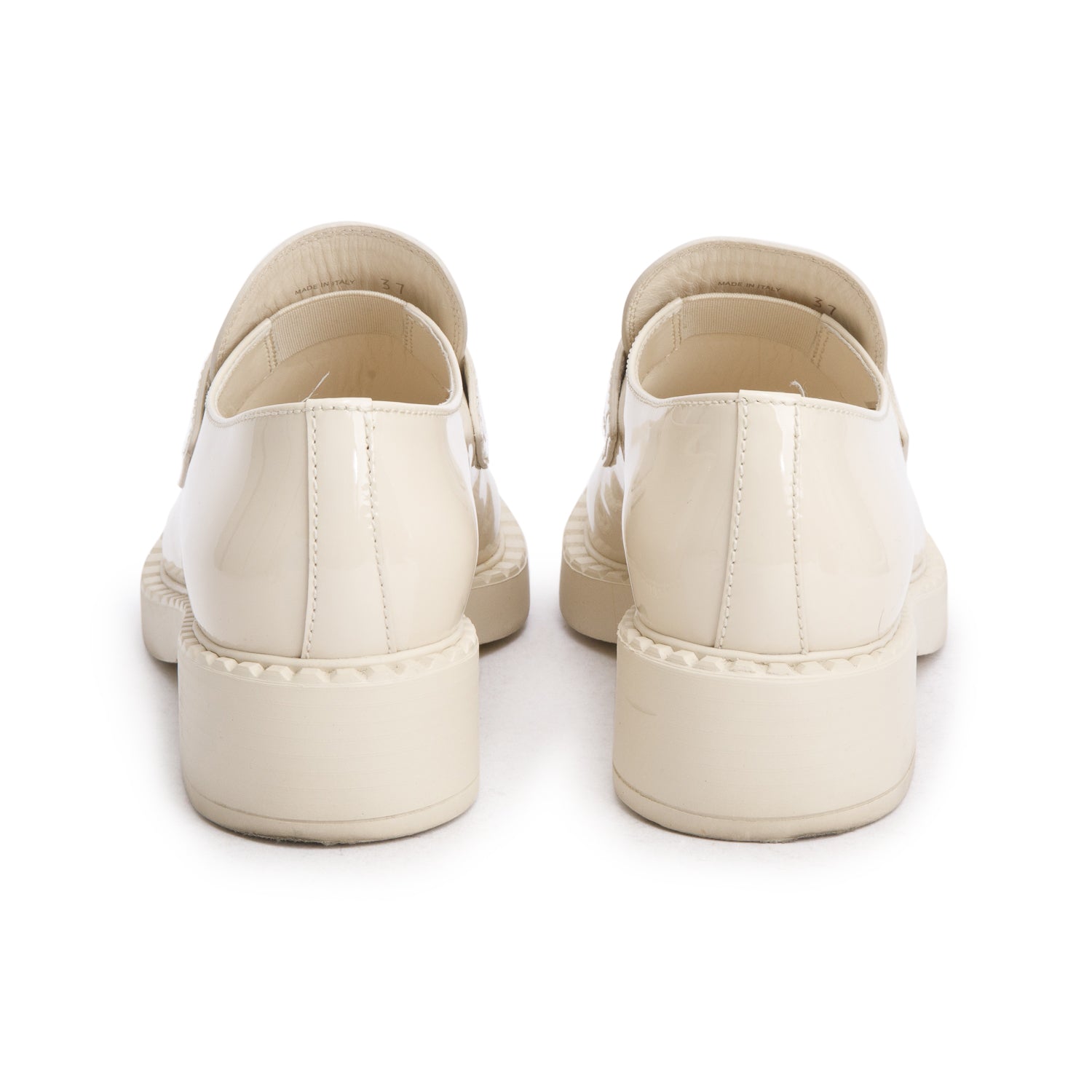 Prada White Vernice Leather Signature Logo Loafers, Size 37 w/ Box