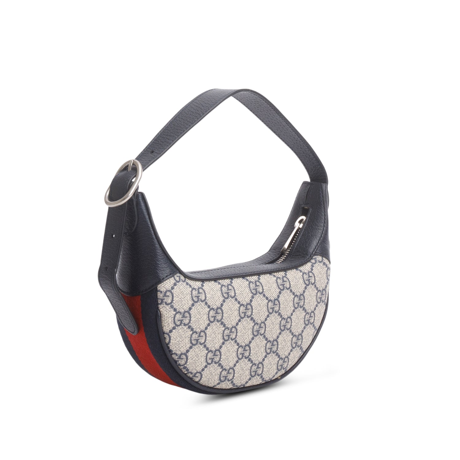 Gucci Navy GG Supreme Monogram Textured Calfskin Web Mini Ophidia Half Moon Hobo