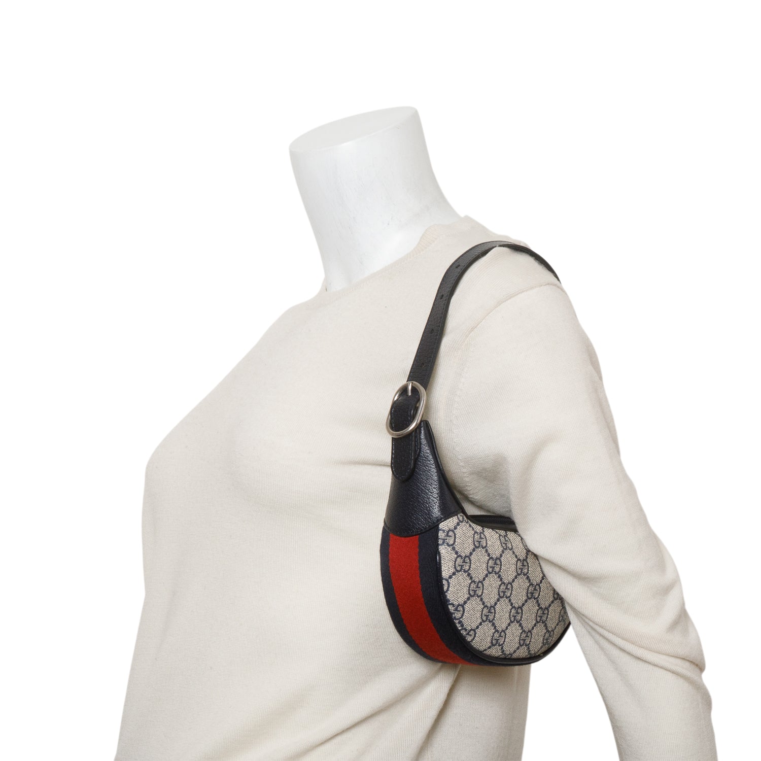 Gucci Navy GG Supreme Monogram Textured Calfskin Web Mini Ophidia Half Moon Hobo