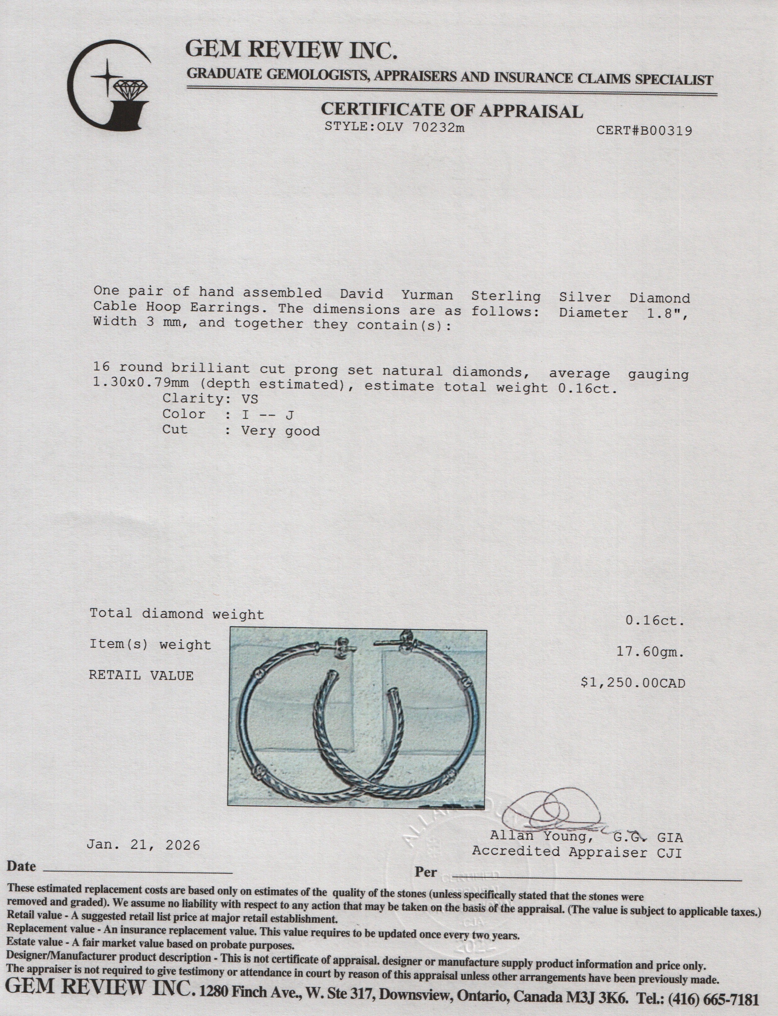 David Yurman Sterling Silver Diamond Cable Hoop Earrings